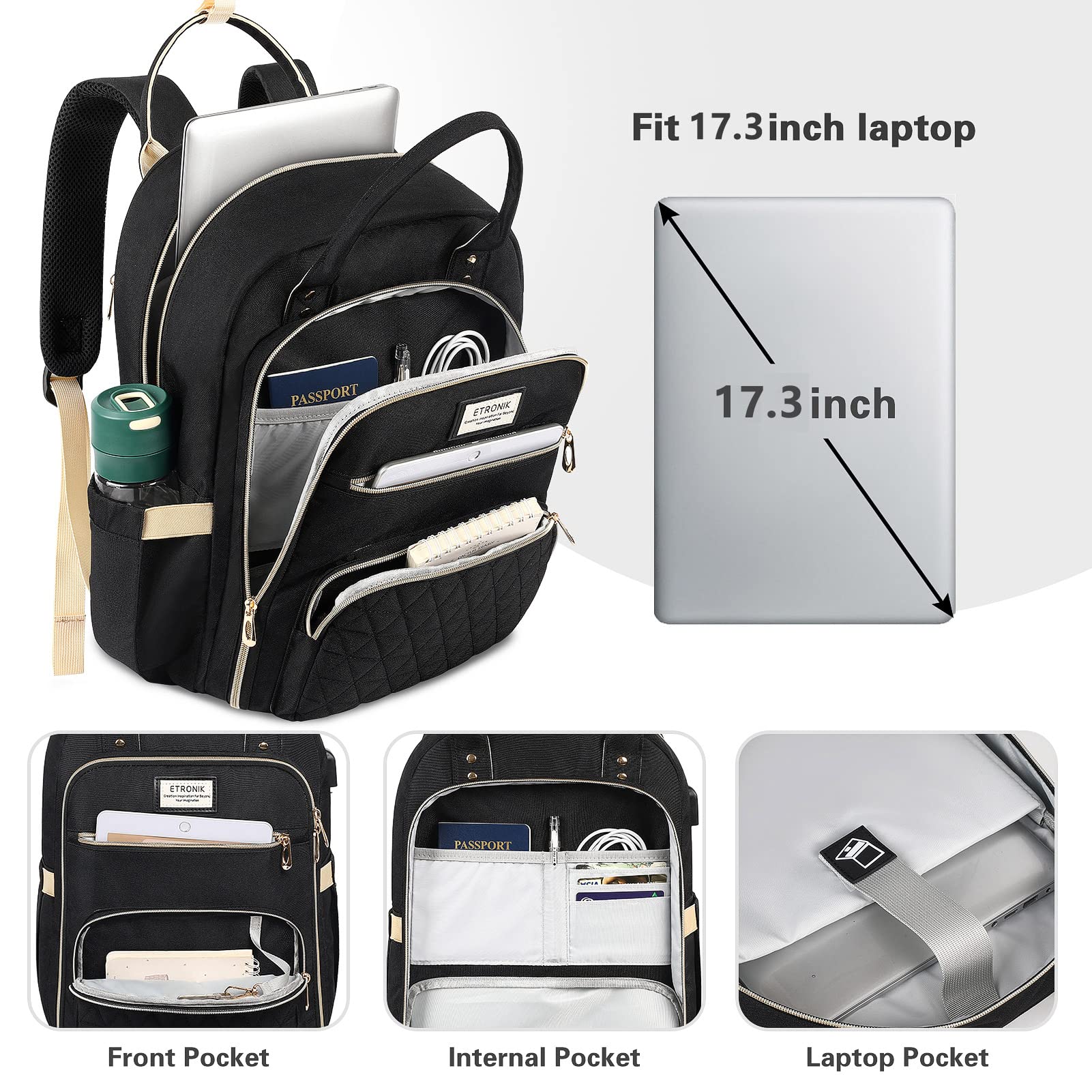 ETRONIK 17.3 Inch Laptop Backpack for Women & Men with USB Charging Port & Insulated Lunch Cooler - Waterproof Travel Backpack for Work, School, Nursing, Teaching - Perfect Commuter & Business Gift (Black)