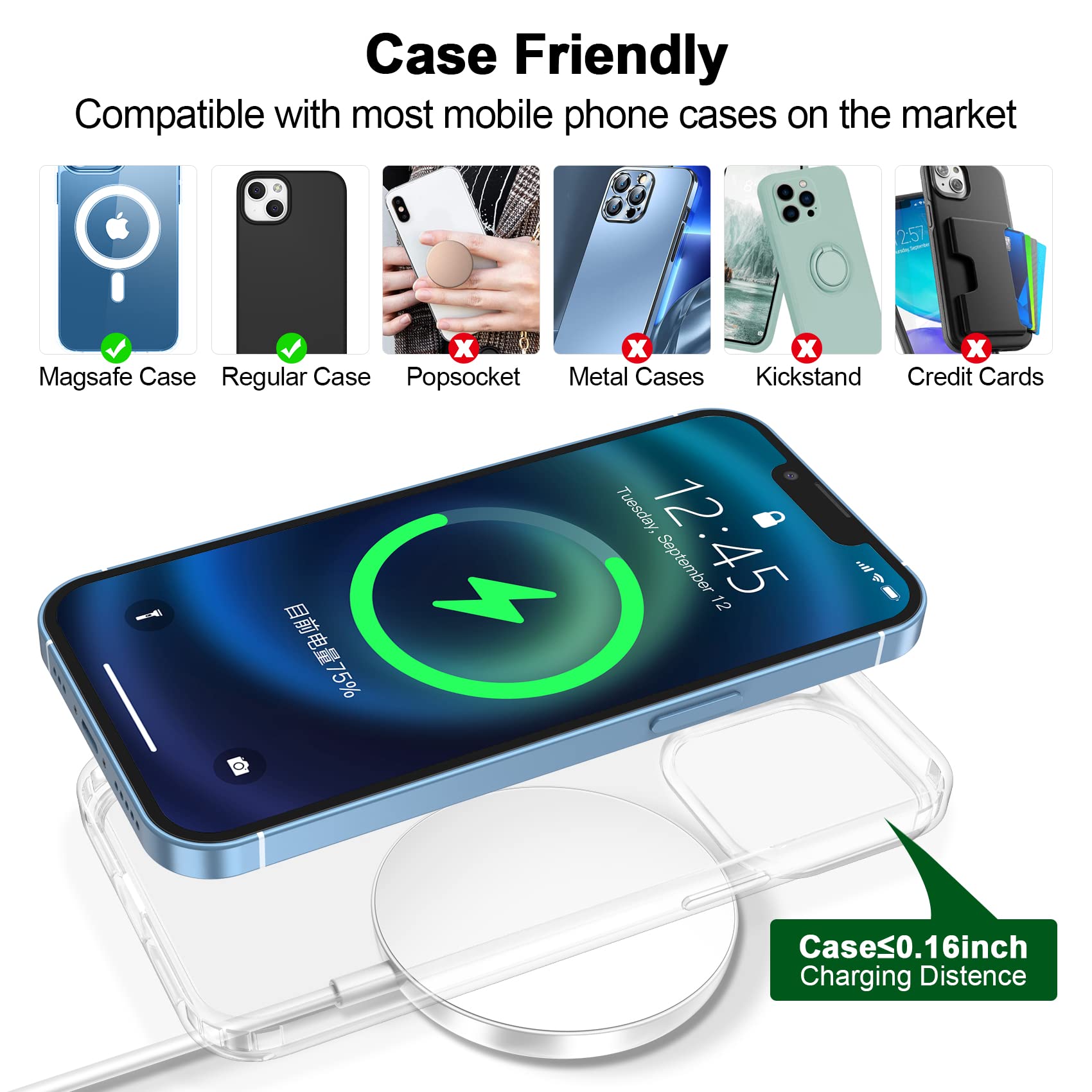 15W Fast Magnetic Wireless Charger Compatible with MagSafe - Qi Certified Charging Pad for iPhone 15/14/13/12 Series (15 Pro Max/Plus/Pro) - Perfect for Home, Office & Car Use (Adapter Not Included)