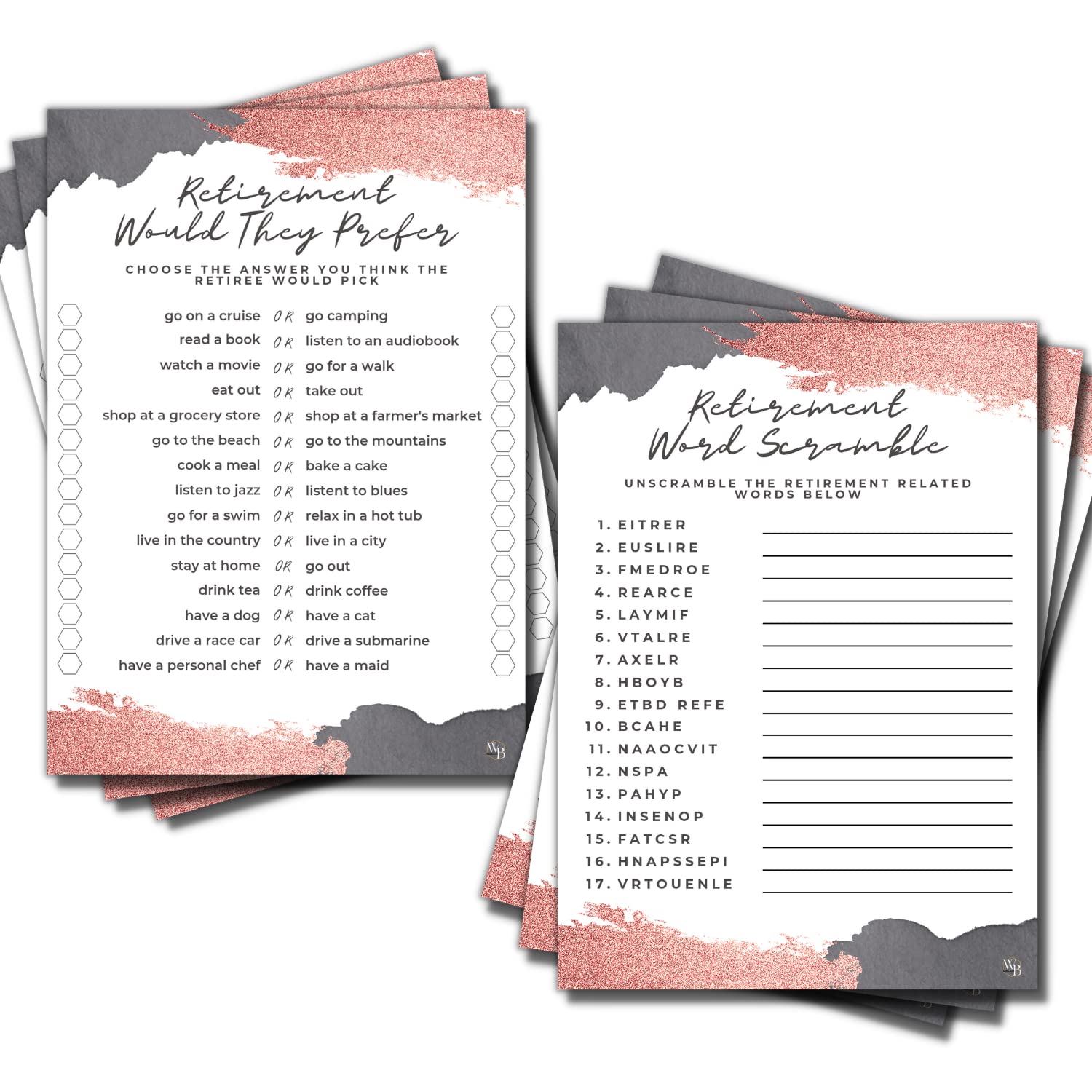 Rose Gold Retirement Party Games Cards - 50 Double-Sided Word Scramble & Would They Prefer? Game Cards for Women, Adults & Seniors - Perfect for Retirement Celebrations, Office Parties & Senior Social Events