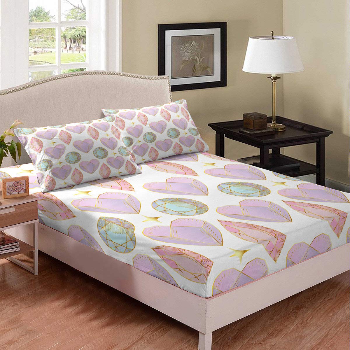 Erosebridal Girls Star Sheet Set - Gold Geometric Sphere Pattern Bedding Set for Kids & Teens | Ultra Soft Pink Luxury Wrinkle-Free Fitted Sheet with 2 Pillowcases | Queen Size Bedding Decor for Girls Room, Birthday Gift & Sleepover Essentials