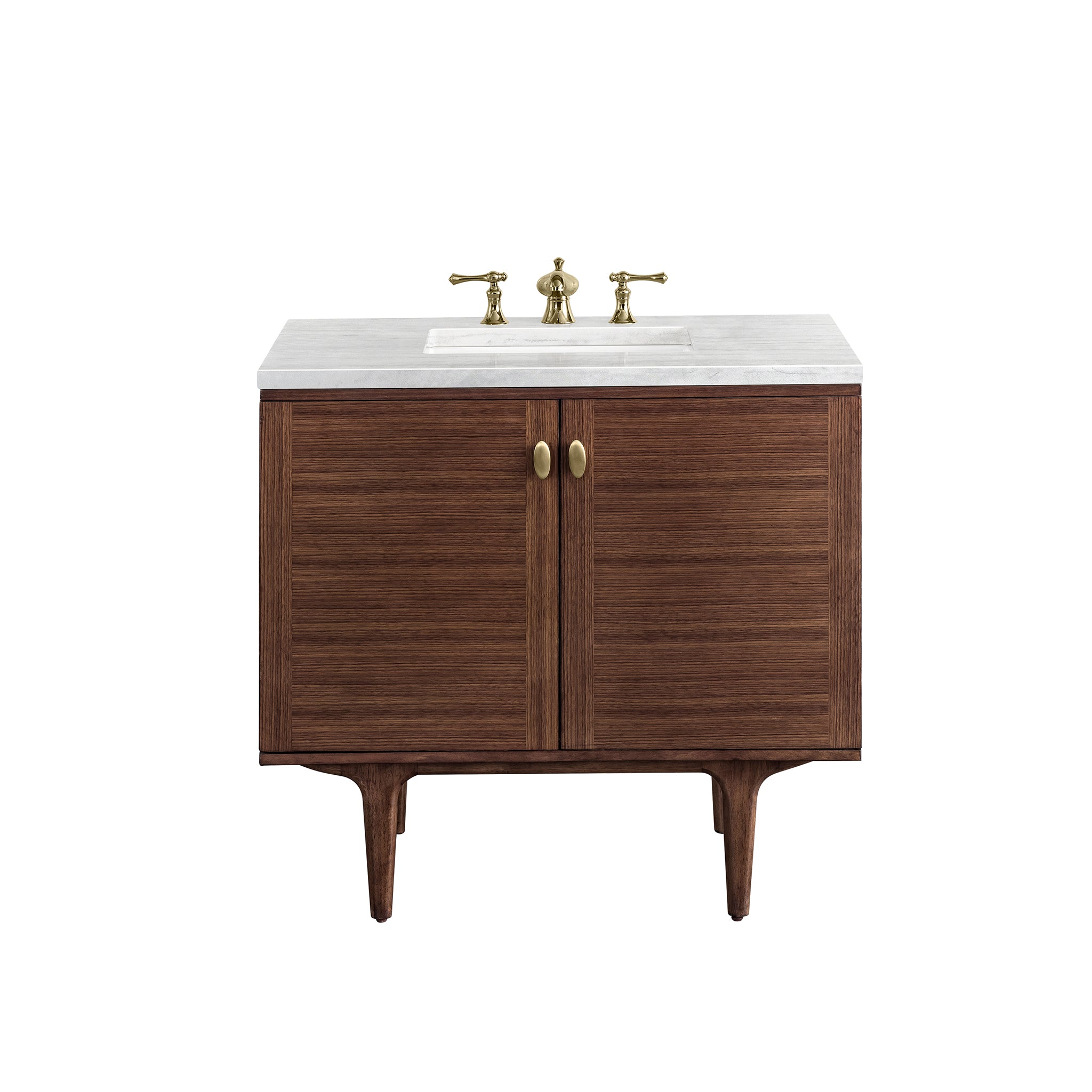 Amberly 36 Inch Single Bathroom Vanity with 3CM Arctic Fall Top - Mid Century Modern Walnut Design for Small Space Bathroom Remodeling & Home Decor