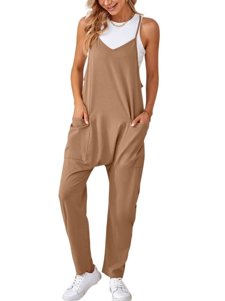 Women's Summer Long Jumpsuit - Black Romper Overalls with Oatmeal Color Option (Size Small) | Casual Outfit for Beach, Travel & Everyday Wear