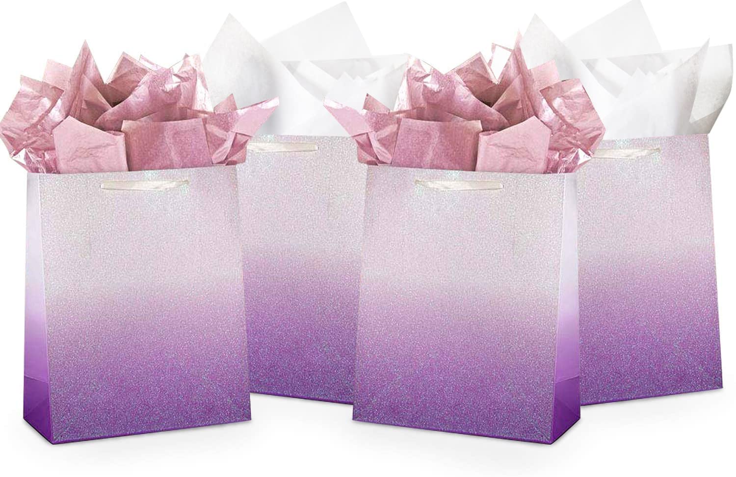 12Pcs Purple Glitter Ombre Gift Bags Bulk - 100% Recyclable Wrapping Paper Bags for Bridal Shower, Baby Shower, Wedding, Birthday Party Favors - Medium 9x7x4 inch - Perfect for Easter, Mother's Day & Thank You Gifts