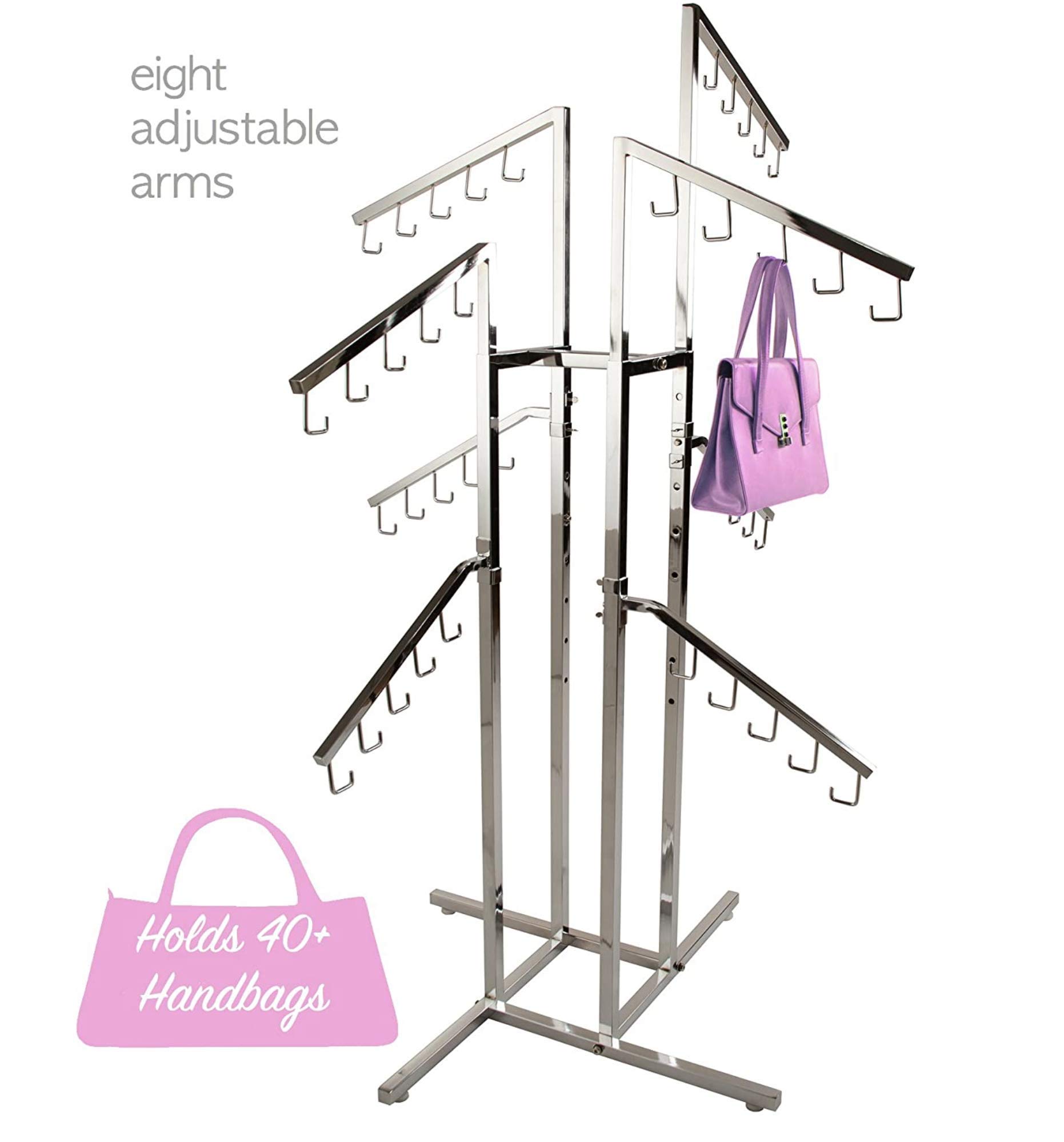 Deluxe Heavy Duty Commercial Grade Chrome Handbag Rack – 8 Adjustable Height Slant Arms for Purses, Backpacks & More | Perfect for Retail Stores, Boutiques & Closet Organization