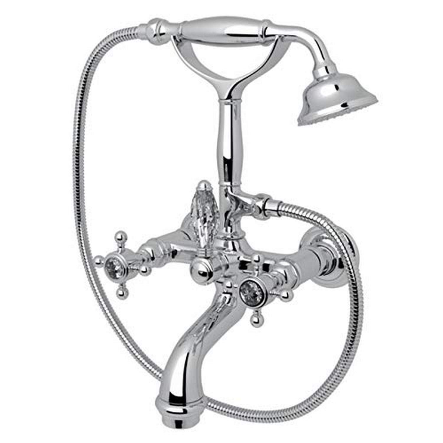 Rohl A2101XCAPC Country Bath San Julio Wall Mounted Tub Shower Mixer with Handshower & Crystal Cross Handles - Polished Chrome Finish | Exposed Valve Design for Modern Bathrooms | Perfect for Spa-Like Showers and Luxury Bath Experiences