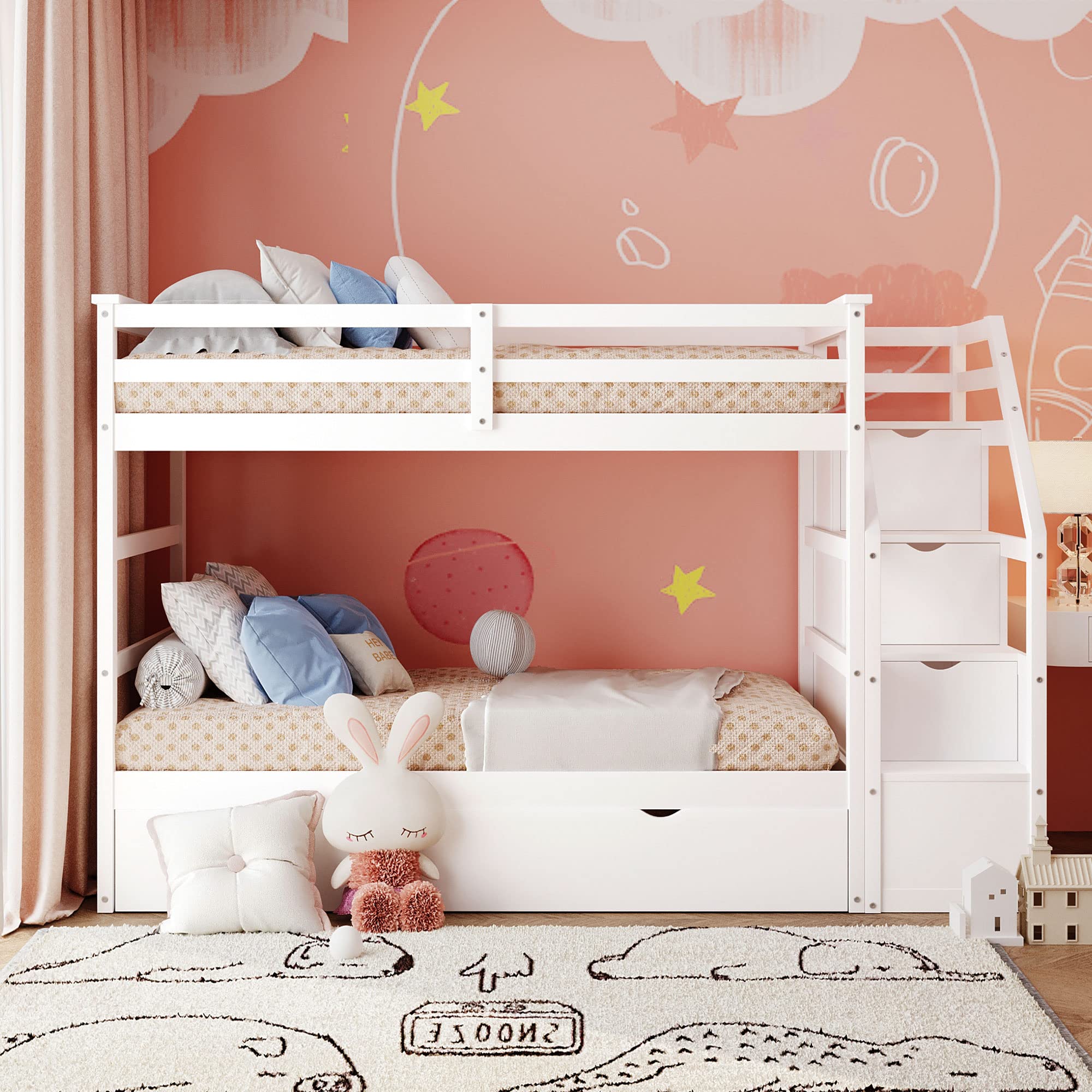 Twin Over Twin Bunk Beds with Trundle & Stairs - Wooden Bunk Bed Frame with 3 Storage Drawers for Kids, Boys, Girls & Teens - Space-Saving Bedroom Solution for Siblings or Sleepovers - White