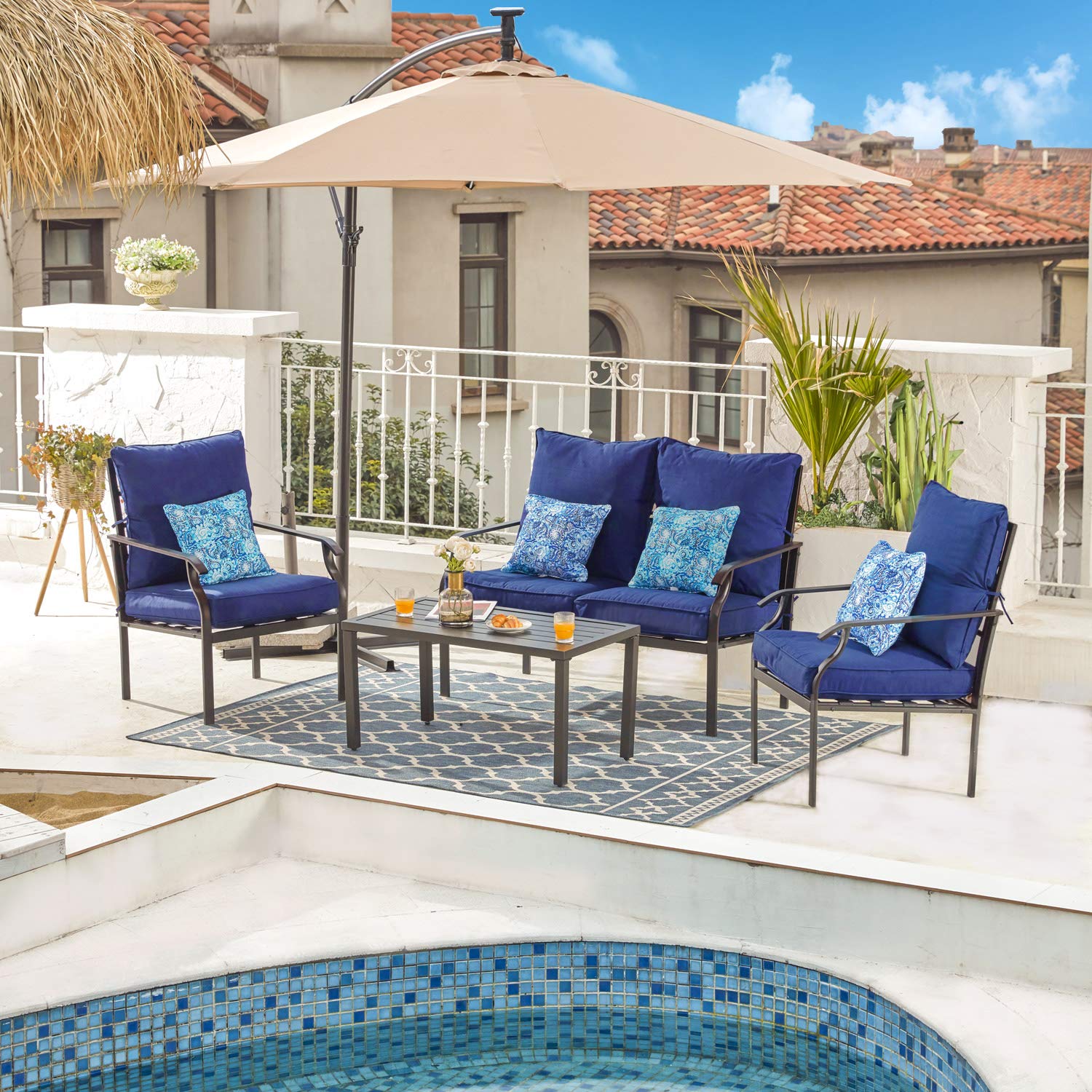 VICLLAX 4-Piece Outdoor Patio Furniture Set - Wicker Loveseat, Sofa Chair & Coffee Table with Weather-Resistant Cushions & Throw Pillows - Perfect for Backyard, Garden, Poolside or Balcony Relaxation