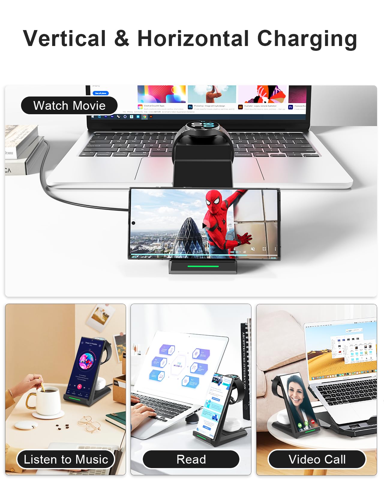ADADPU 3-in-1 Fast Wireless Charging Station for Samsung Galaxy S25/S24/S23 Ultra/S22/S21/Z Flip/Fold 4, Galaxy Watch 6/5/4/3/Pro & Buds - Compact Charging Dock for Home, Office & Travel