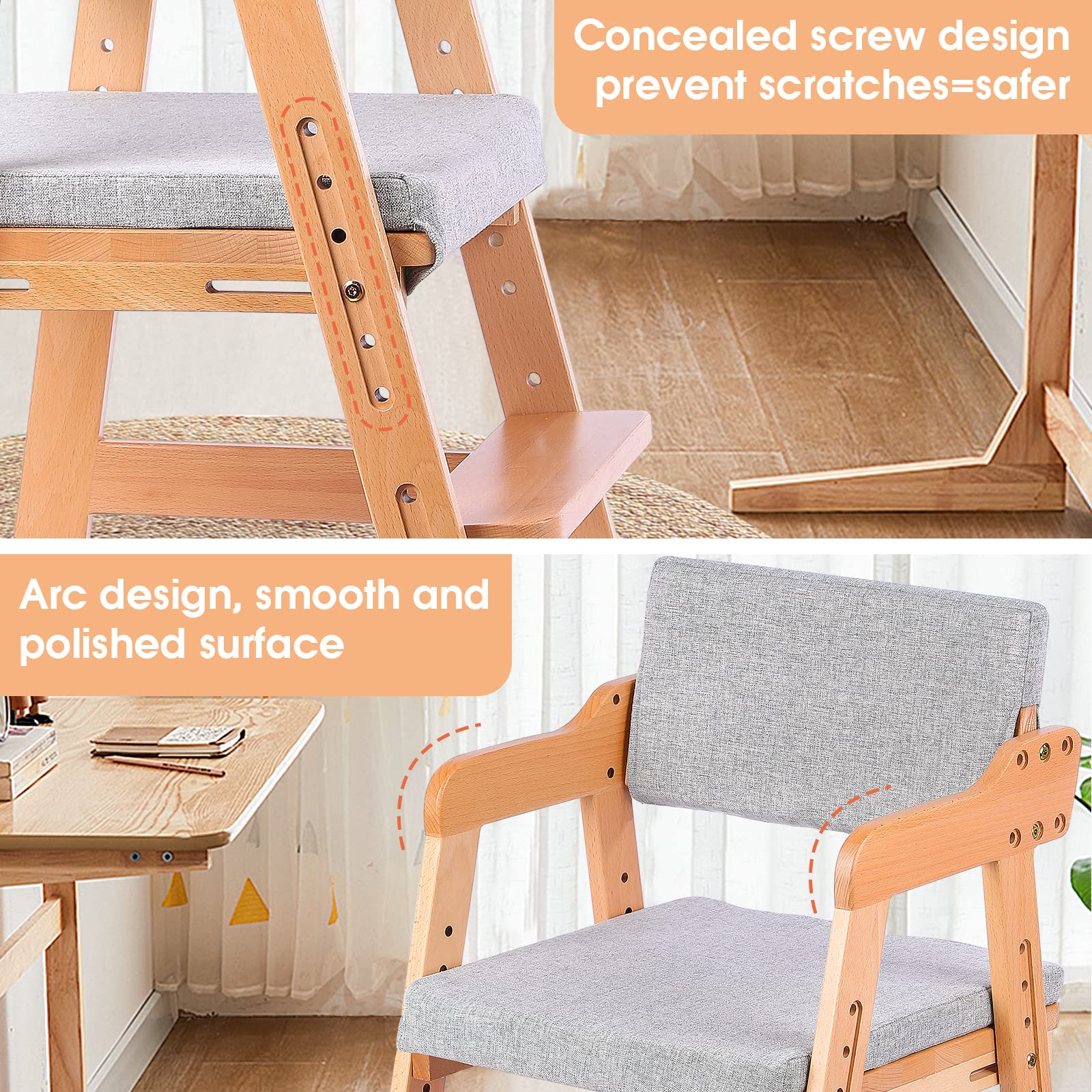 Ezebaby Adjustable Wooden High Chair for Toddlers to Teens - Kids Study & Dining Chair with Removable Cushion & Steps - Natural Wood Color - Perfect for Homeschooling, Mealtime & Playroom