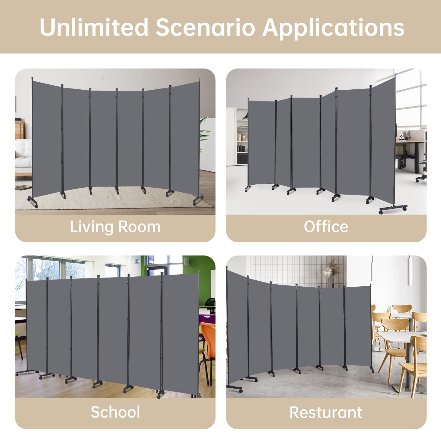 6 Panel Room Divider with Wheels - Portable Fabric Partition Screen for Office, Bedroom & Living Room - Privacy Room Separator for Home & Workspace Decor
