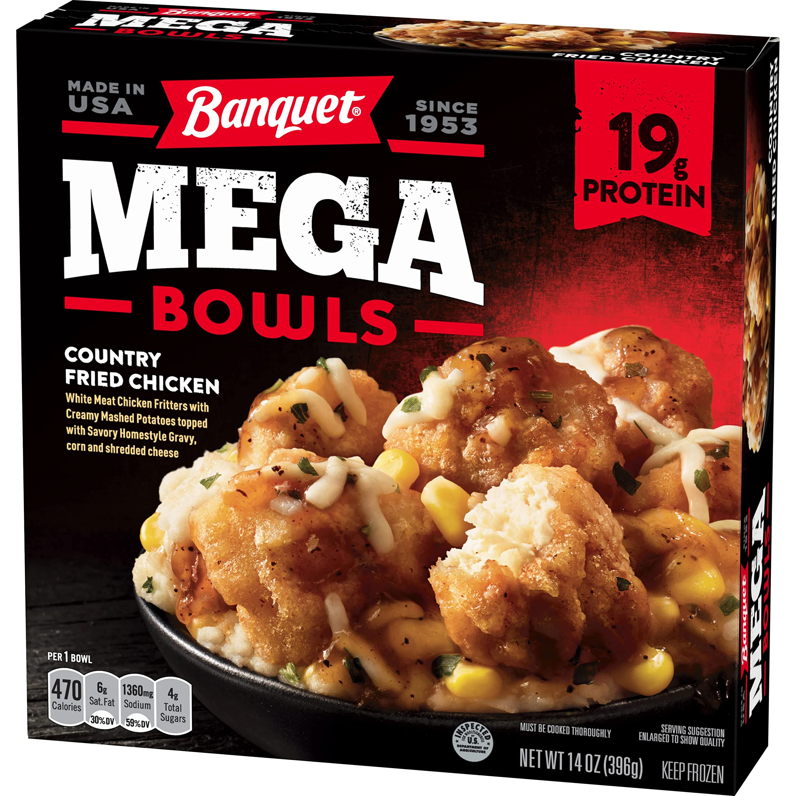 Gourmet Kitchn Banquet Mega Bowls Country Fried Chicken - High Protein Frozen Meal, 6 Pack (14 Oz Each) | Quick & Easy Dinner, Lunch, or Snack for Busy Families & Office Workers