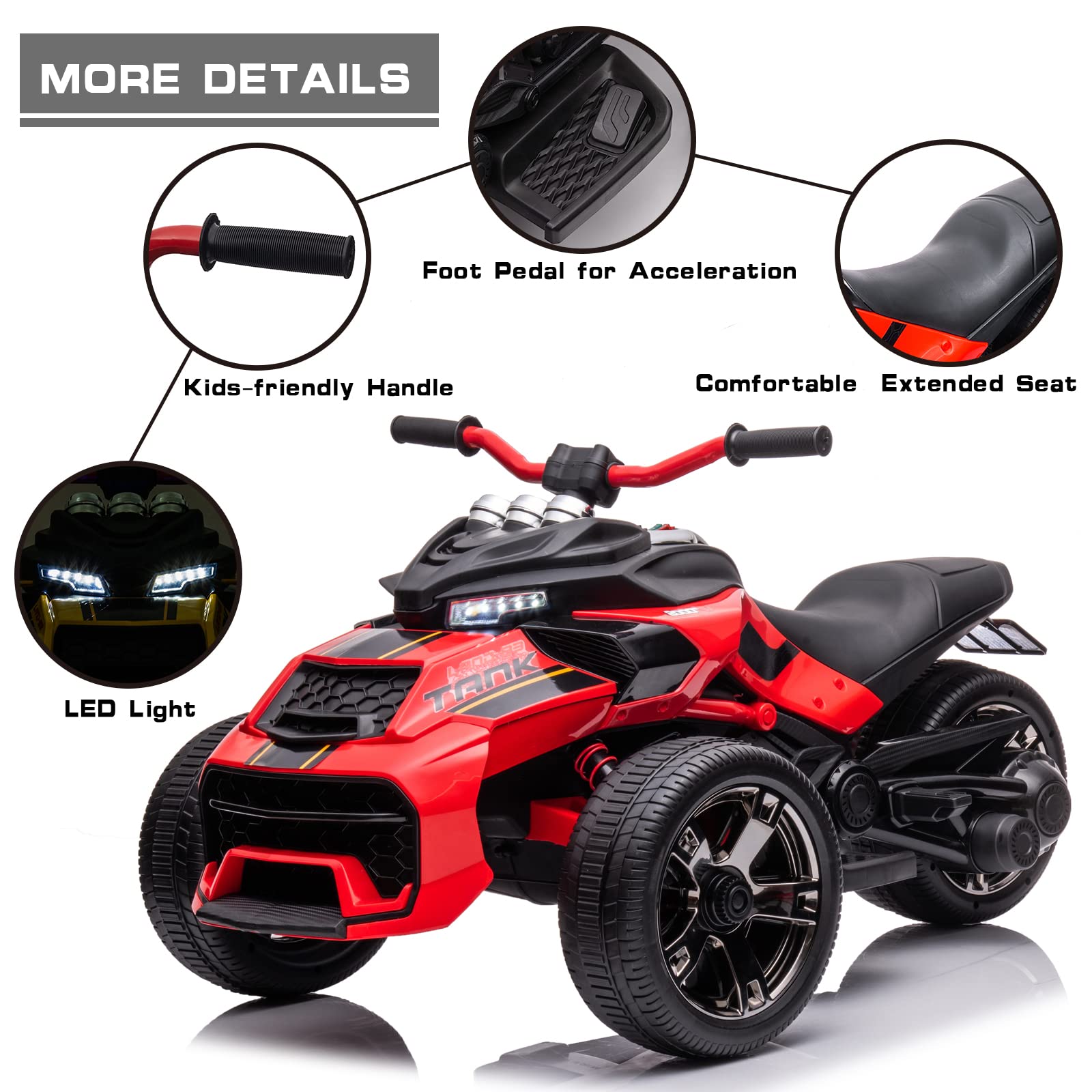 **POSTACK 24V Kids Electric ATV 3-Wheeler Ride-On Motorcycle with EVA Tires, LED Lights & Music – Battery-Powered Toy Car for Boys & Girls (Red) – Perfect Gift for Birthdays, Outdoor Play & Toddler Adventures**