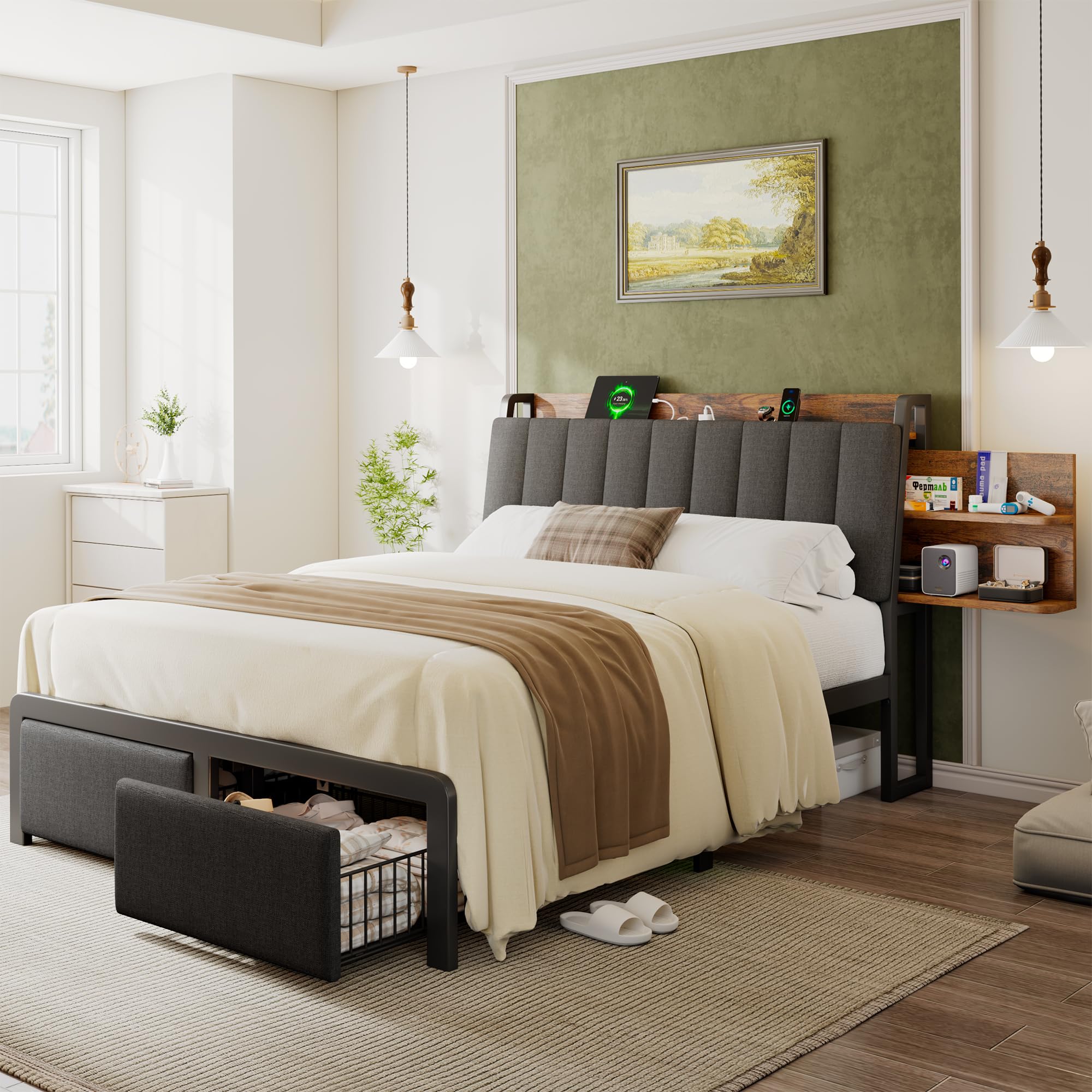 Full Size Metal Bed Frame with 2-Tier Hidden Storage & 2 Drawers - Upholstered Platform Bed with USB Charging Station, Ergonomic Headboard & Reinforced Steel Slats - No Box Spring Required, Easy Assembly - Perfect for Small Bedrooms, Guest Rooms & Modern Apartments