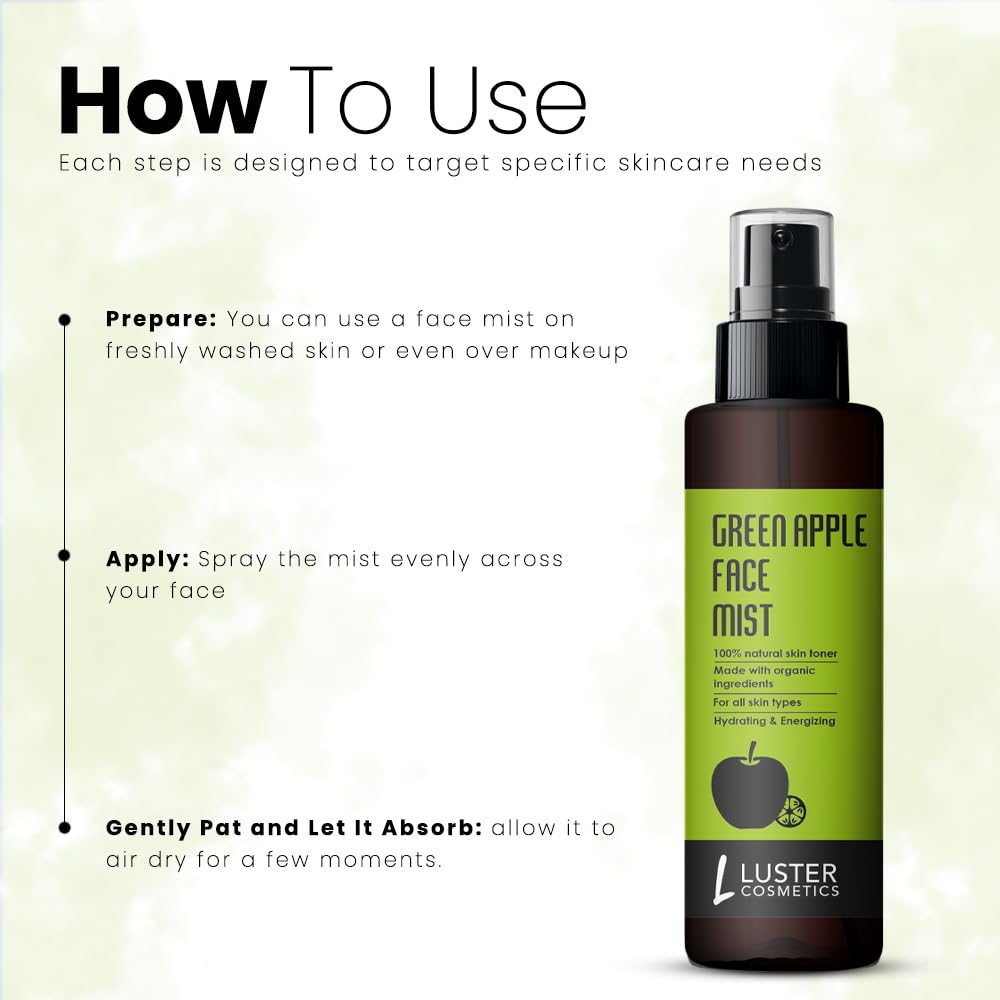 Luster Cosmetics Green Apple Face Mist Skin Toner | Hydrating Facial Spray for Women & Men | All Skin Types | Paraben & Sulfate Free (115ml) | Refreshing Toner for Daily Skincare, Makeup Setting & On-the-Go Hydration