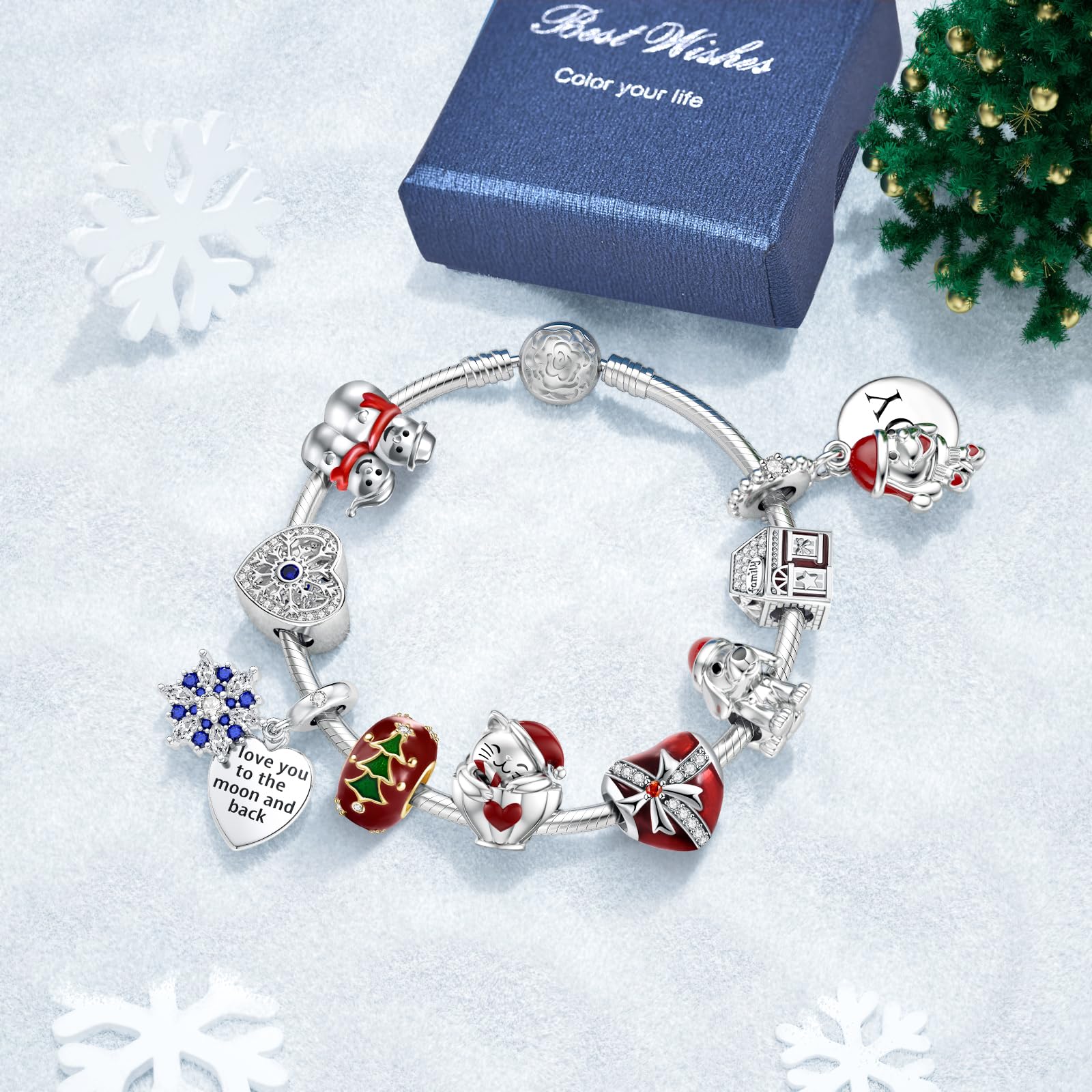 925 Sterling Silver Christmas Charm Bracelet for Women - Elegant Beaded Holiday Jewelry Gift for Christmas, Party & Special Occasions