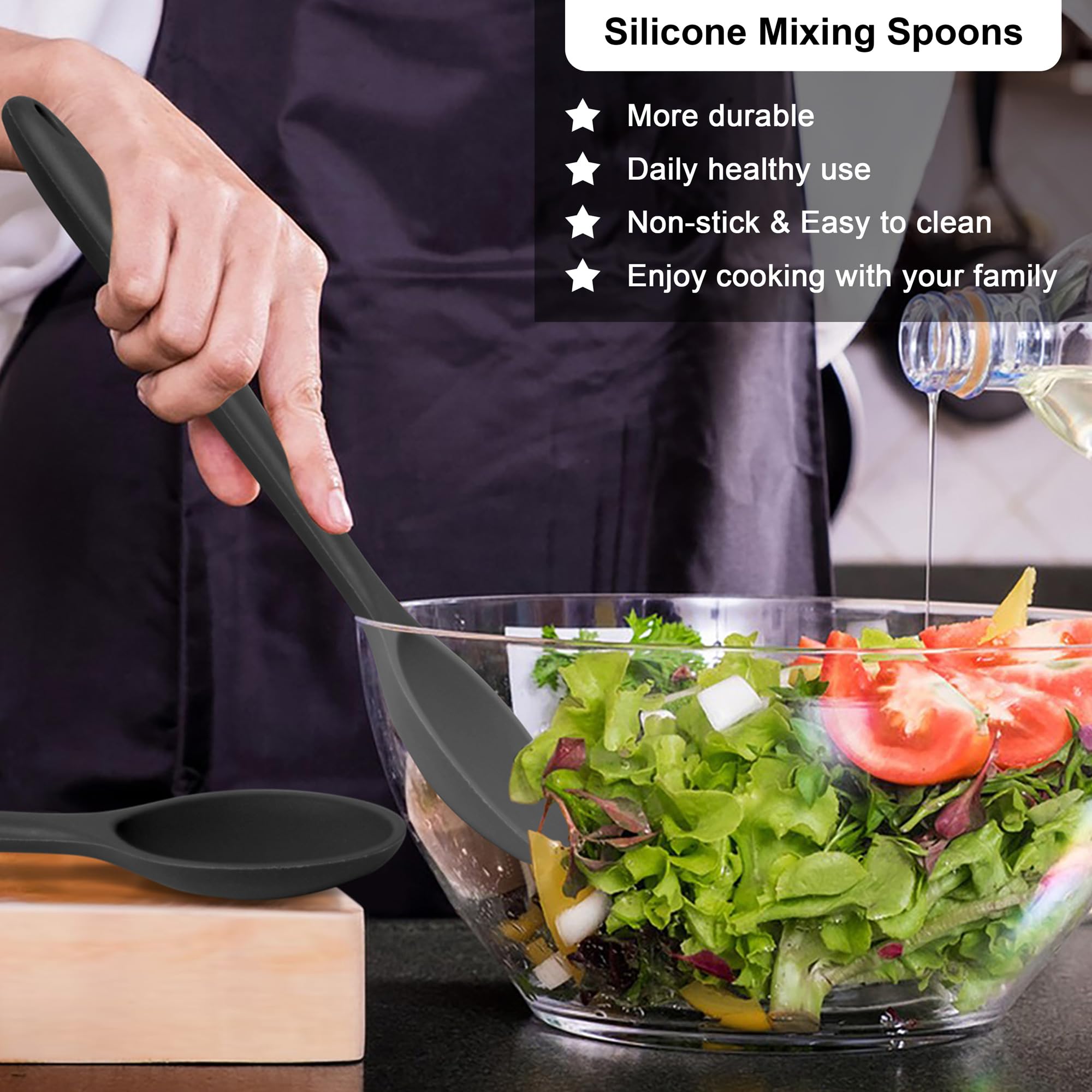 E-far 2-Pack Silicone Cooking Spoons - Heat Resistant Kitchen Utensils for Baking, Stirring & Serving - Nonstick, Non-Toxic & Dishwasher Safe (Black) - Perfect for Cooking, Baking & Meal Prep