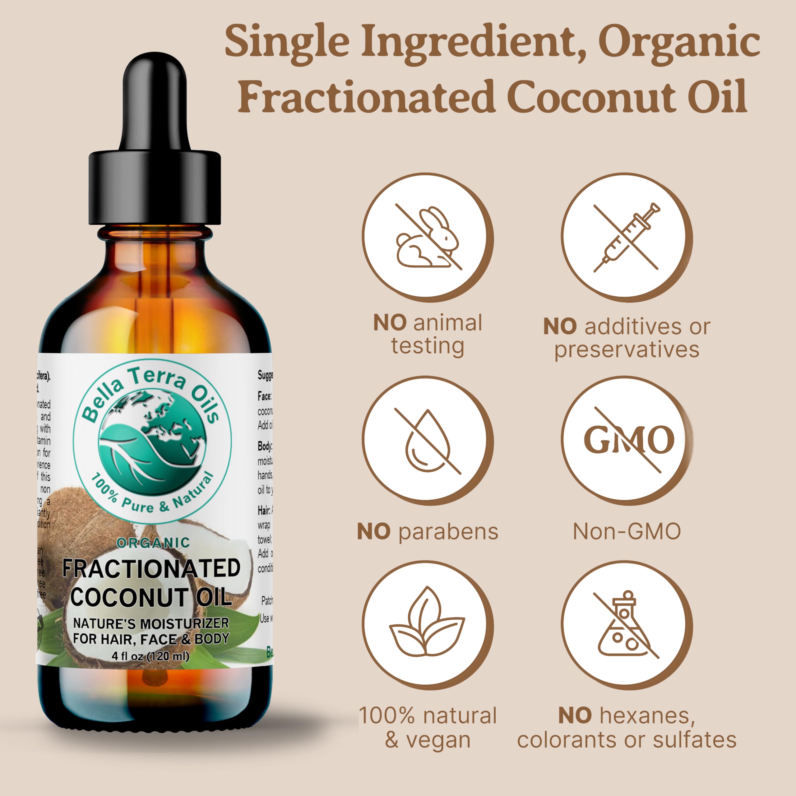 Organic Fractionated Coconut Oil 16 oz by Bella Terra - Pure MCT Oil for Skin Care, Hair & Massage | Antioxidant-Rich, Non-GMO, Vegan | Perfect for Aromatherapy, Cooking & DIY Beauty Products