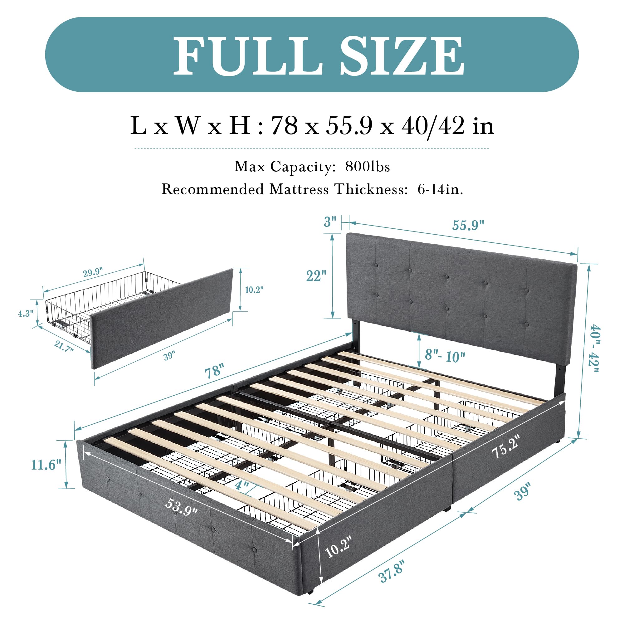 HOOMIC Full Size Platform Storage Bed Frame with 4 Drawers - Adjustable Headboard, Square Stitched Button Tufted Design, Wooden Slats - Noise Free, Easy Assembly, No Box Spring Needed - Dark Grey - Perfect for Small Bedrooms, Guest Rooms & Dormitories