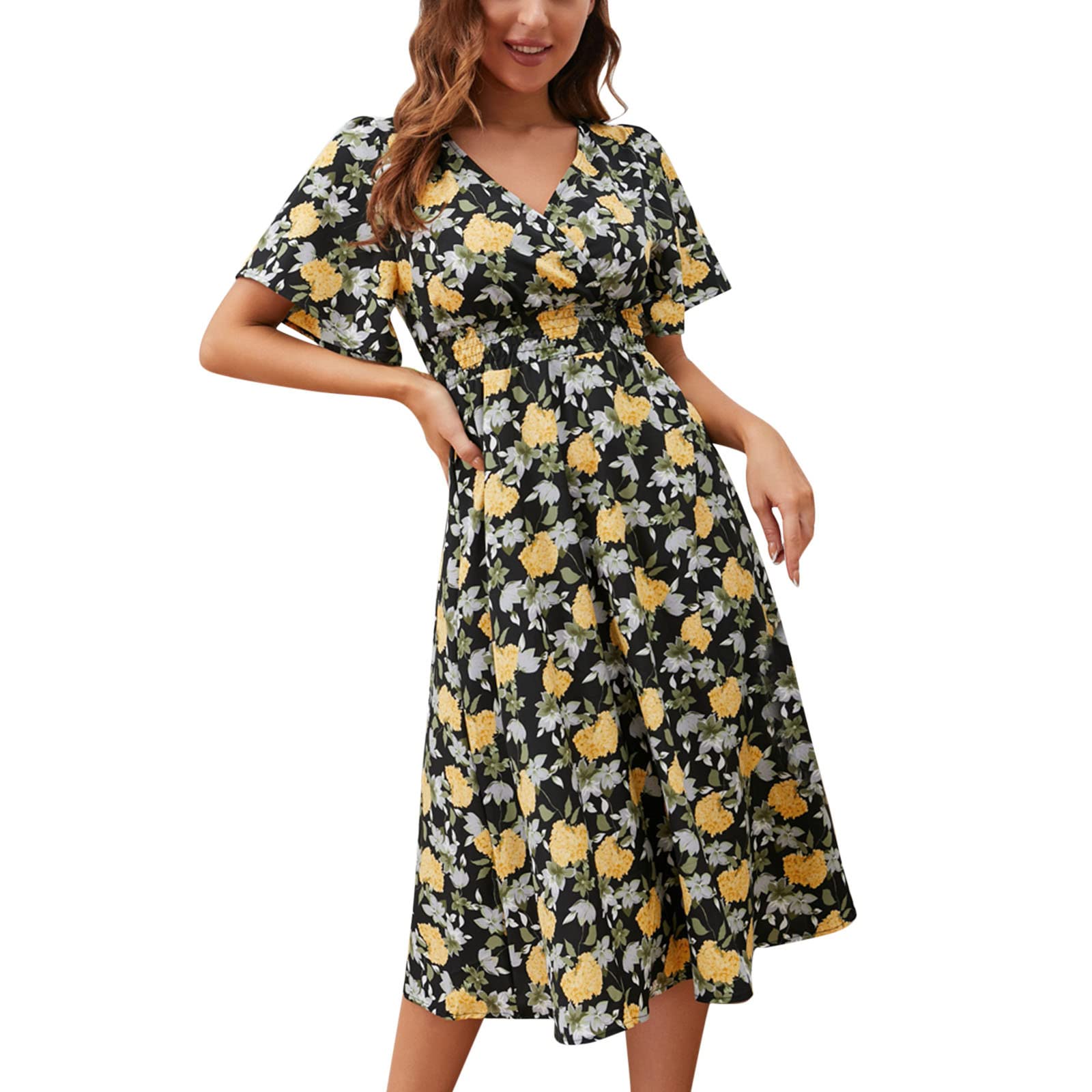 AMTF 2022 Women's Sexy Chiffon Print Summer Dress - Open Back Bohemian Beach Dress with Waist Tie, Flowy Petite Dress for Vacation, Party & Casual Wear