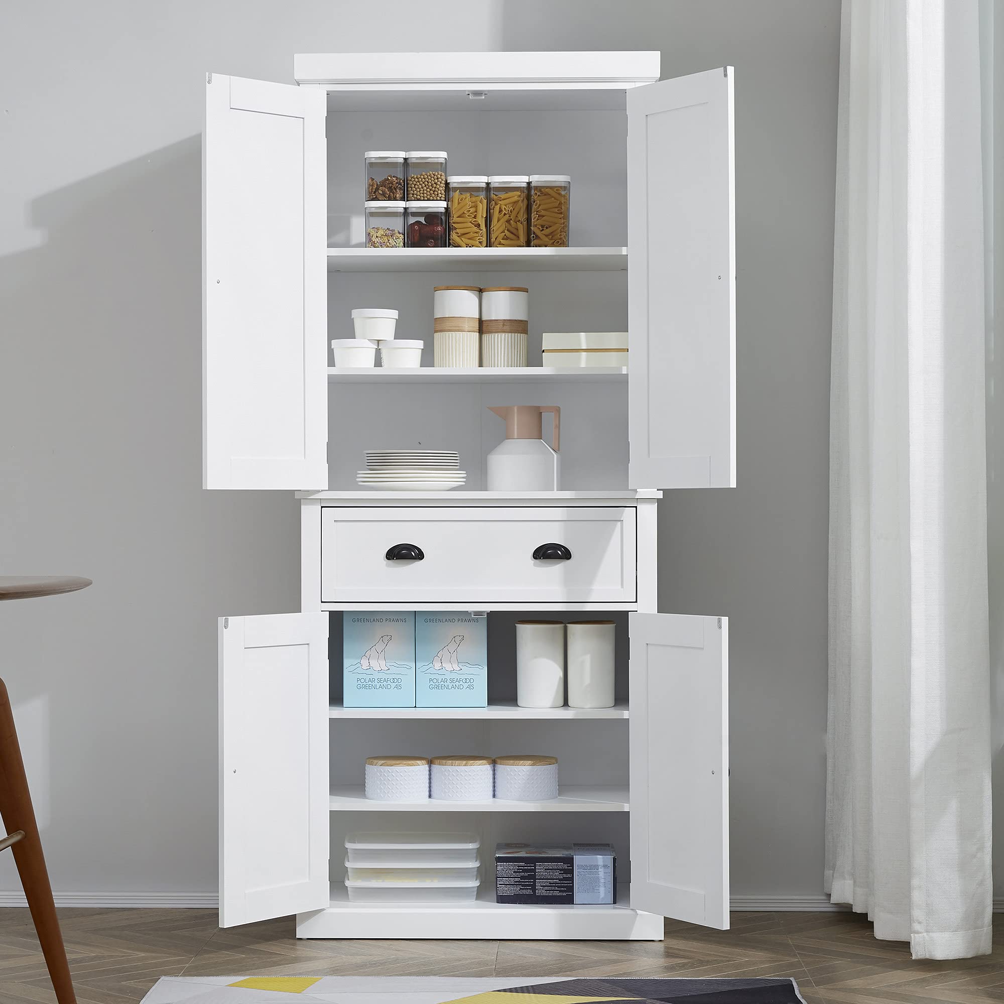 HOMCOM Freestanding Kitchen Cupboard - 72 Inch Tall Storage Cabinet with 4 Doors, Shelves & Drawer - White Colonial Style Pantry Organizer for Spices, Dishes & Kitchen Supplies - Perfect for Dining Room, Kitchen or Pantry Storage