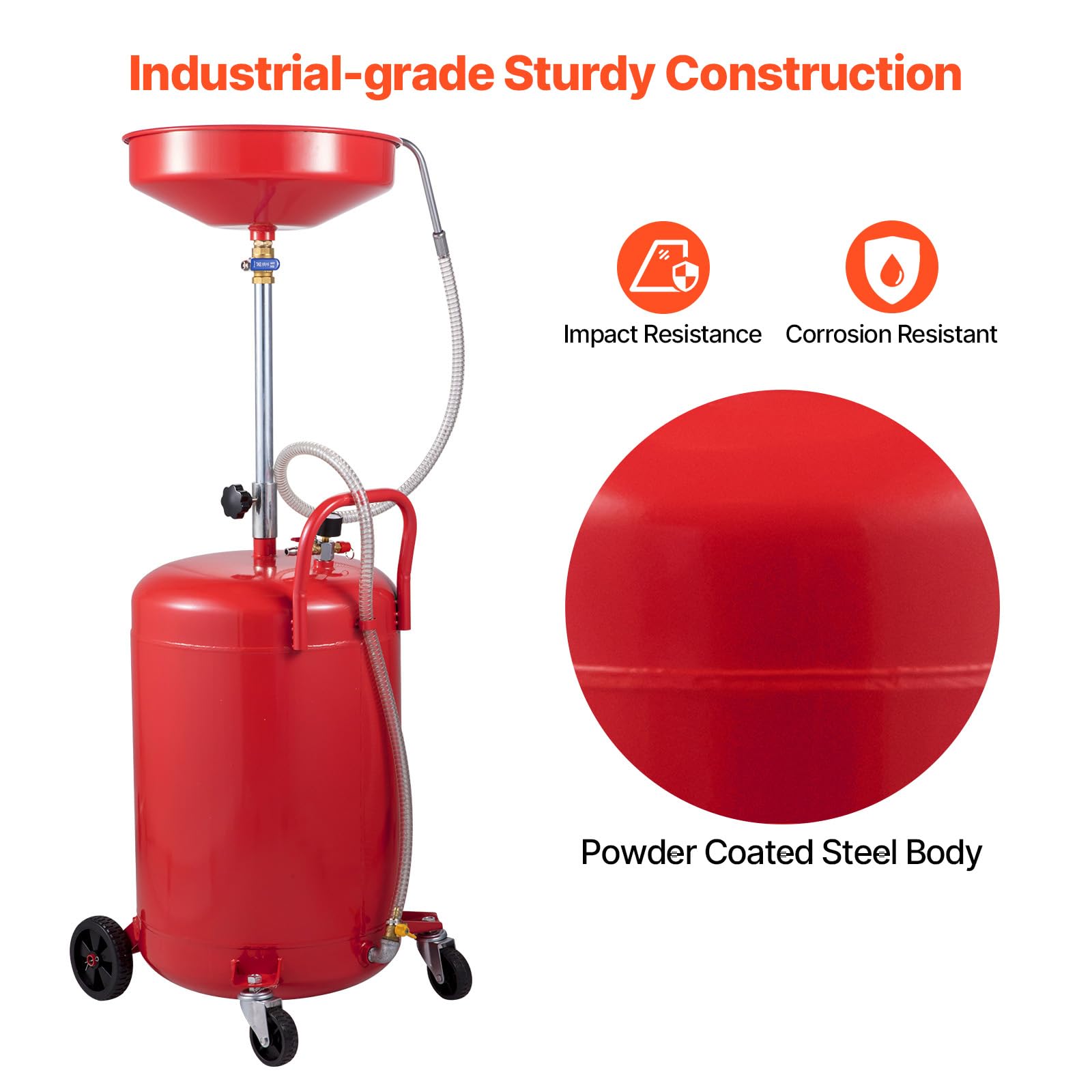 VEVOR 20-Gallon Portable Waste Oil Drain Tank - Air Operated Oil Drainer with Adjustable Funnel & Wheels for Auto Repair Shops, Garages - Ideal for Fluid Fuel Transfer, Oil Changes & Drainage in Professional Workshops