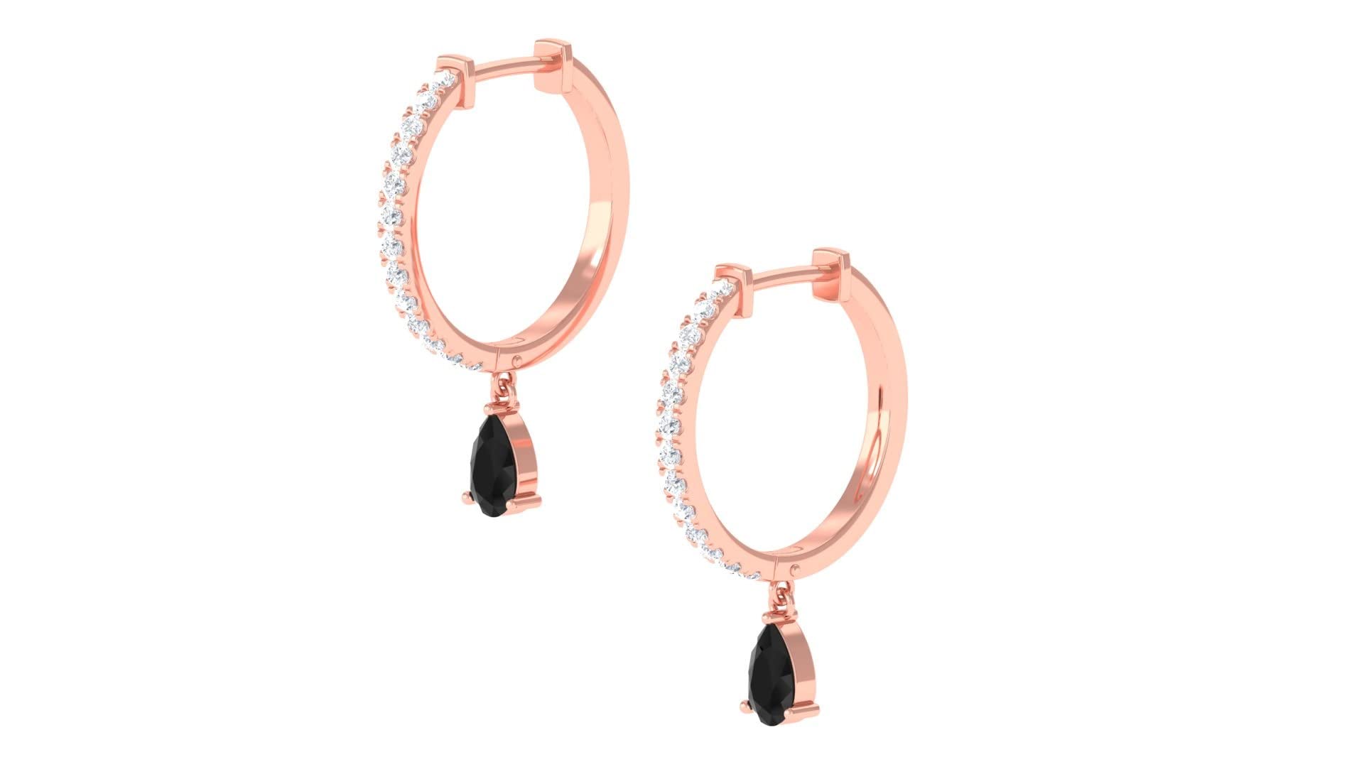 0.75 CT Black and White Diamond Teardrop Earrings for Women - 14K Solid Gold Snap Back Hoop Earrings - Elegant Drop Dangle Jewelry for Weddings, Parties & Special Occasions
