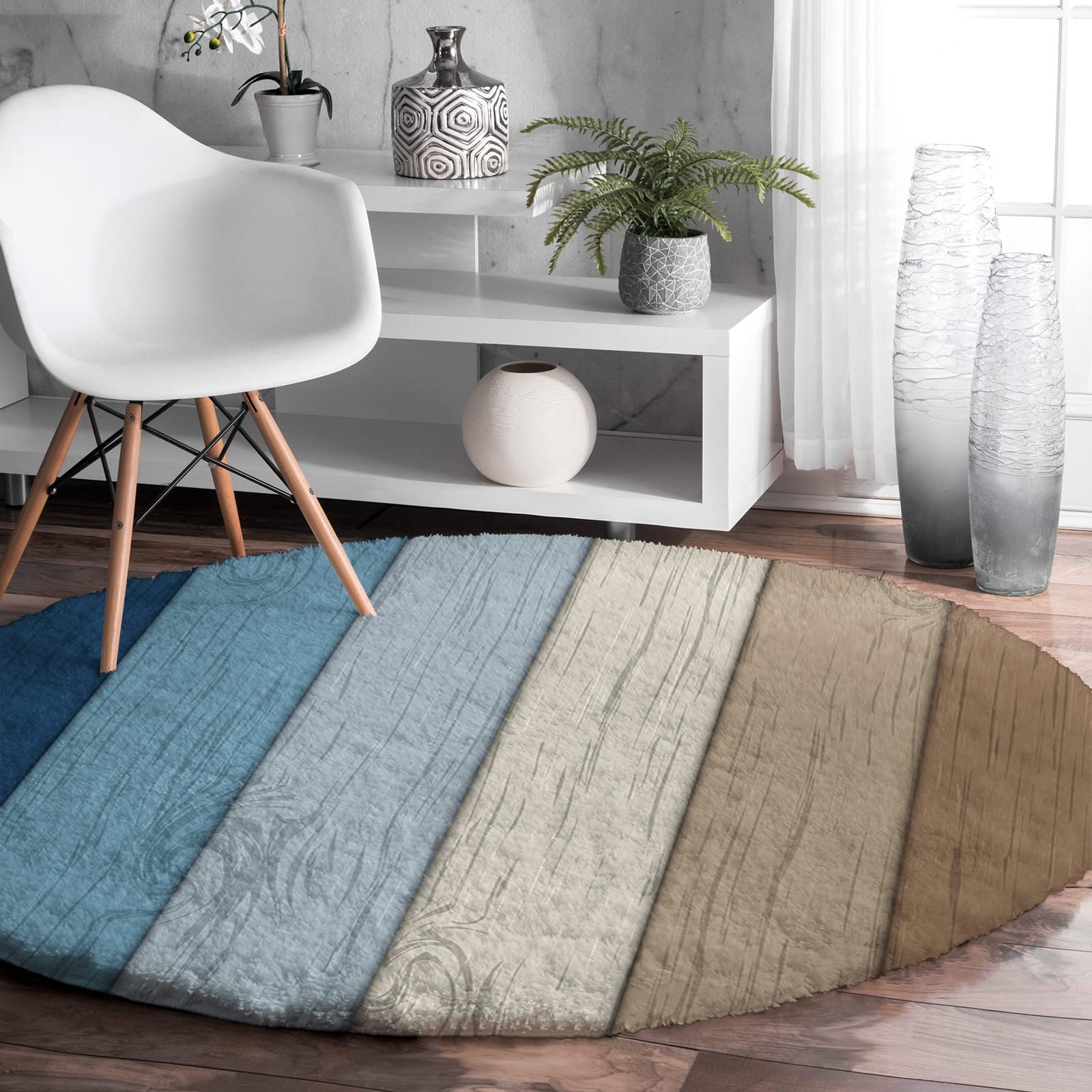 Soft Shaggy Round Area Rug - Rustic Wooden Board Country Style Fluffy Circle Carpet with Color Gradient, Plush Circular Floor Mat for Bedroom, Living Room, Nursery - Cozy Home Decor for Relaxation & Comfort