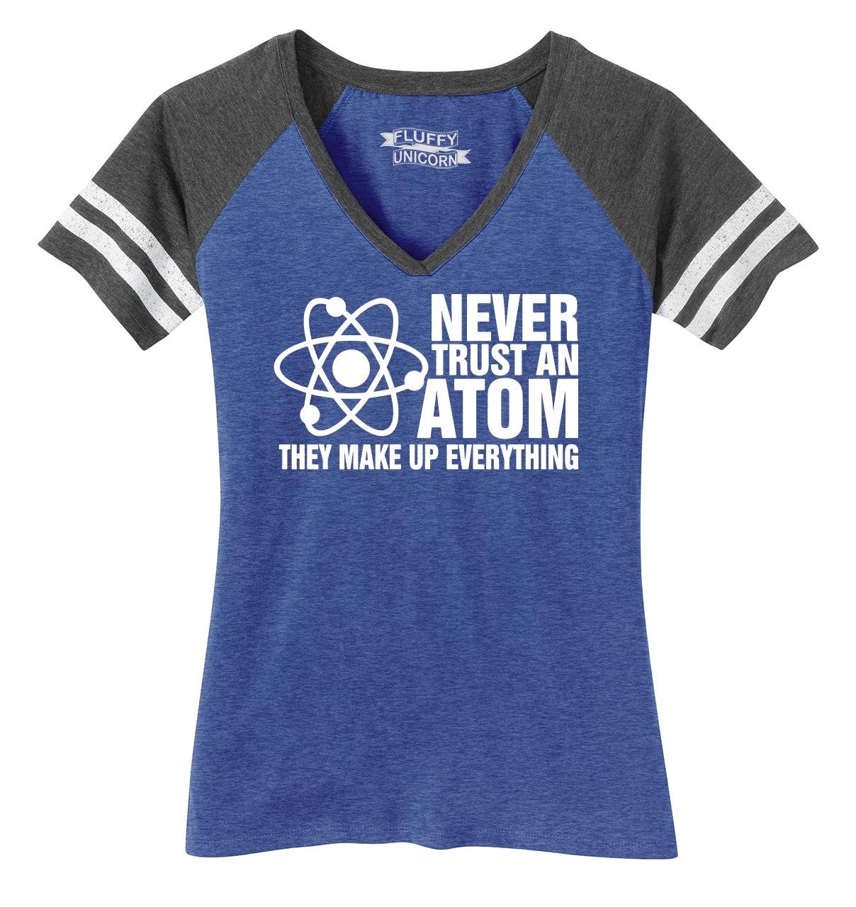 Funny Science Humor T-Shirt for Women - 'Never Trust an Atom They Make Up Everything' V-Neck Tee - Perfect for Nerdy Parties, Science Class & Geeky Gift Giving