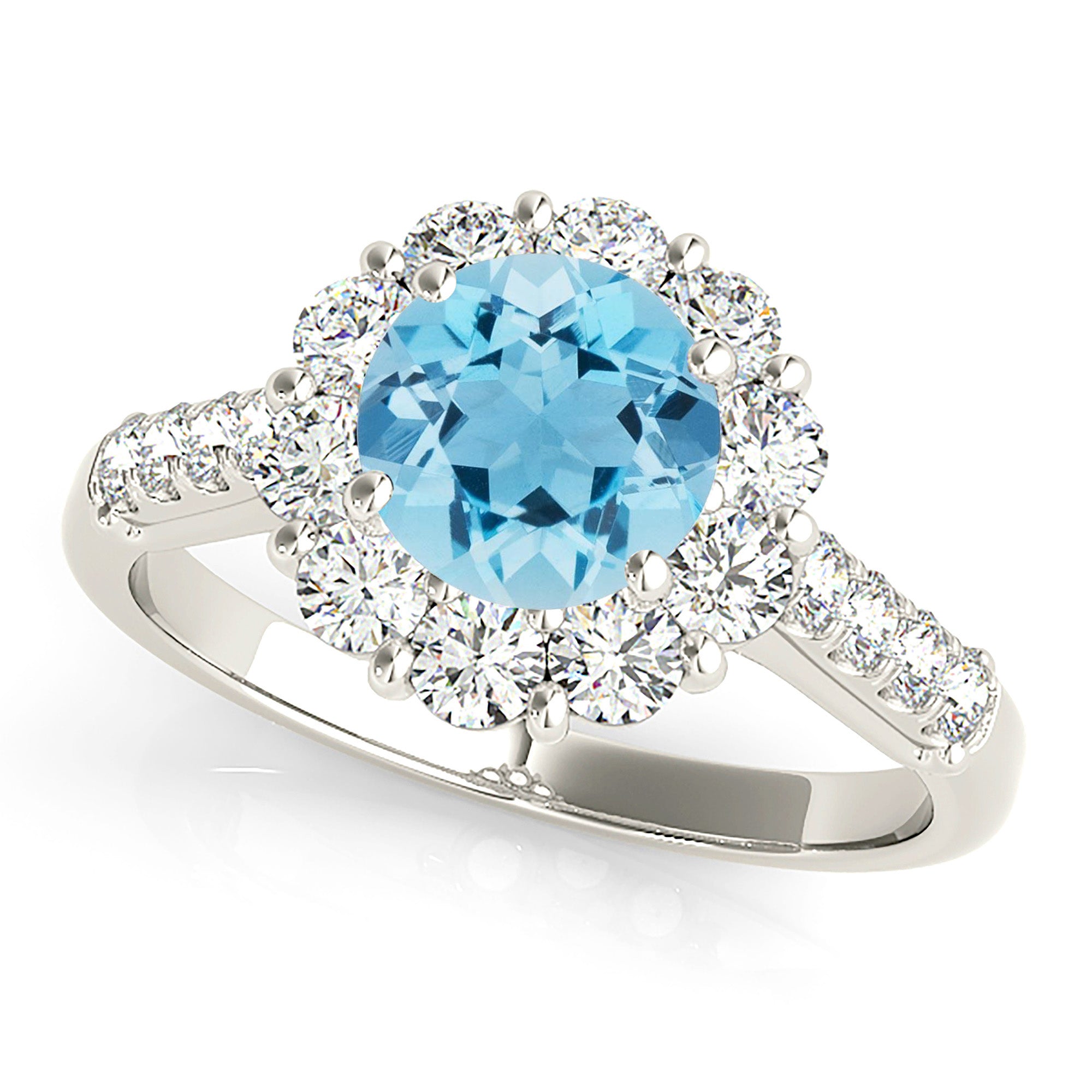 1.75 Carat Genuine Aquamarine Halo Ring with Diamond Band - Elegant Wedding, Engagement & Anniversary Jewelry Gift for Women