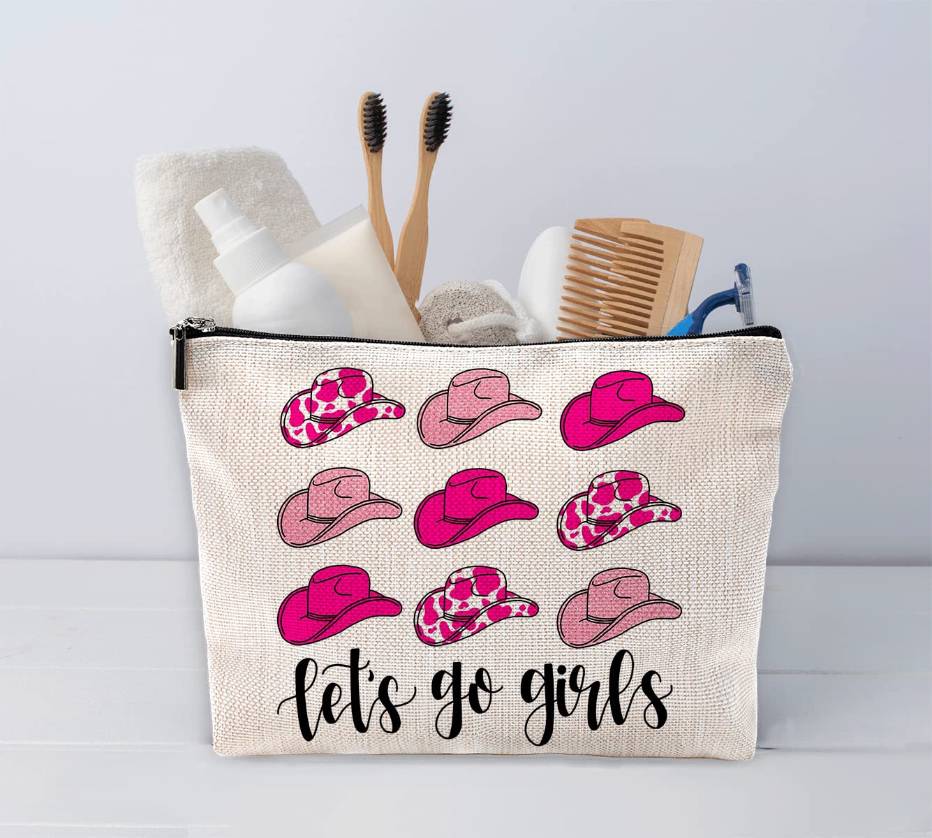 Let's Go Girls Hot Pink Preppy Cowgirl Hats Makeup Bag - Western Country Cosmetic Pouch for Women & Teen Girls - Perfect Christmas Birthday Gift - Cowgirl Themed Accessories for Travel, Rodeo & Country Music Festivals