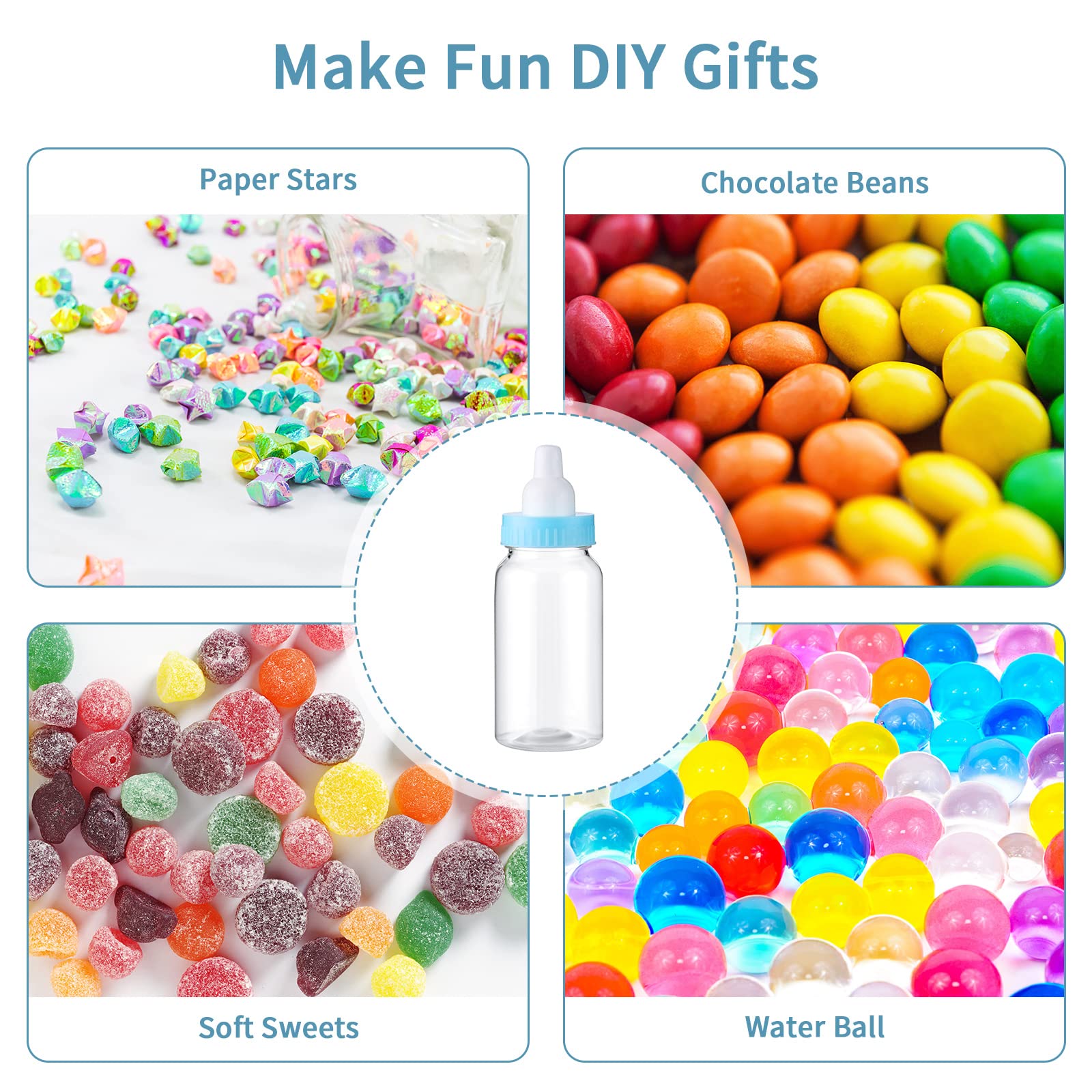 48 Pcs 4.5 Inch Mini Plastic Candy Bottles - Fillable Baby Shower Favors, Feeding Bottles for Party, Birthday, Baptism - Blue Removable Lids - Perfect for Newborn Celebrations, Candy Favors & Party Decorations