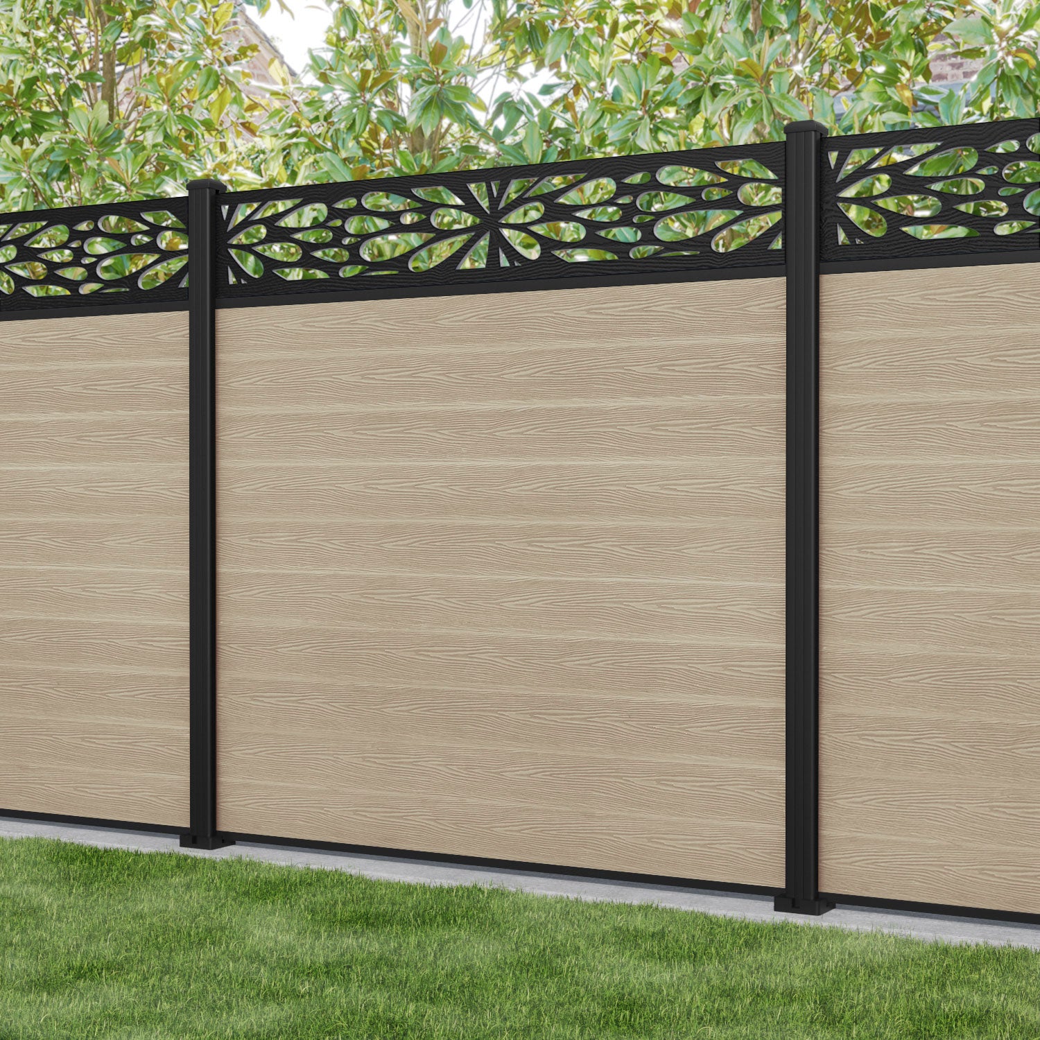 Classic Blossom Fence Panel - Light Oak Wood Garden Fence with Aluminum Posts - Perfect for Backyard Privacy, Patio Decoration, and Outdoor Landscaping