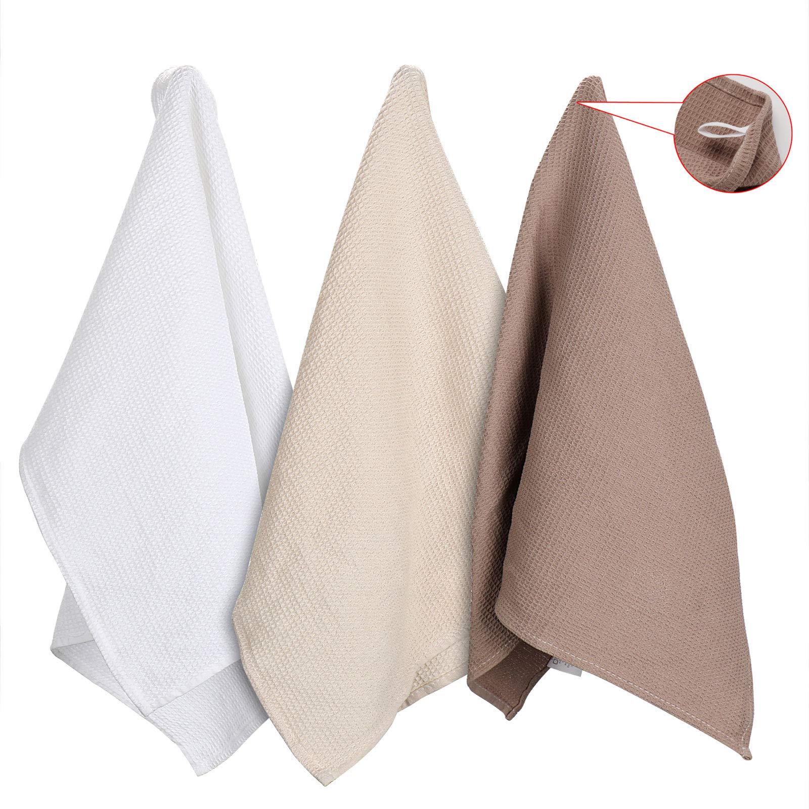 Premium Cotton Waffle Weave Dish Towels Set of 3 - Ultra Soft & Absorbent Kitchen Hand Towels, Large Size (Beige) - Perfect for Washing Dishes, Drying Hands & Kitchen Cleaning