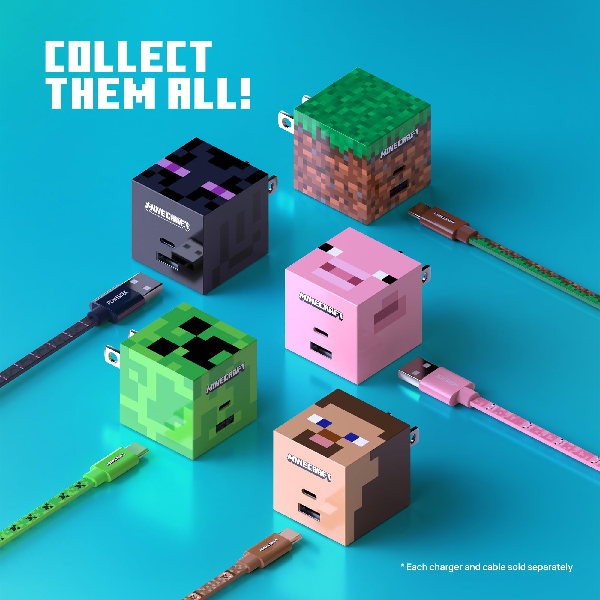 LIQUIPEL Powertek Minecraft USB-C to C Charging Cable & Wall Charger Set - Creeper Design for Gaming, Travel & Home Use
