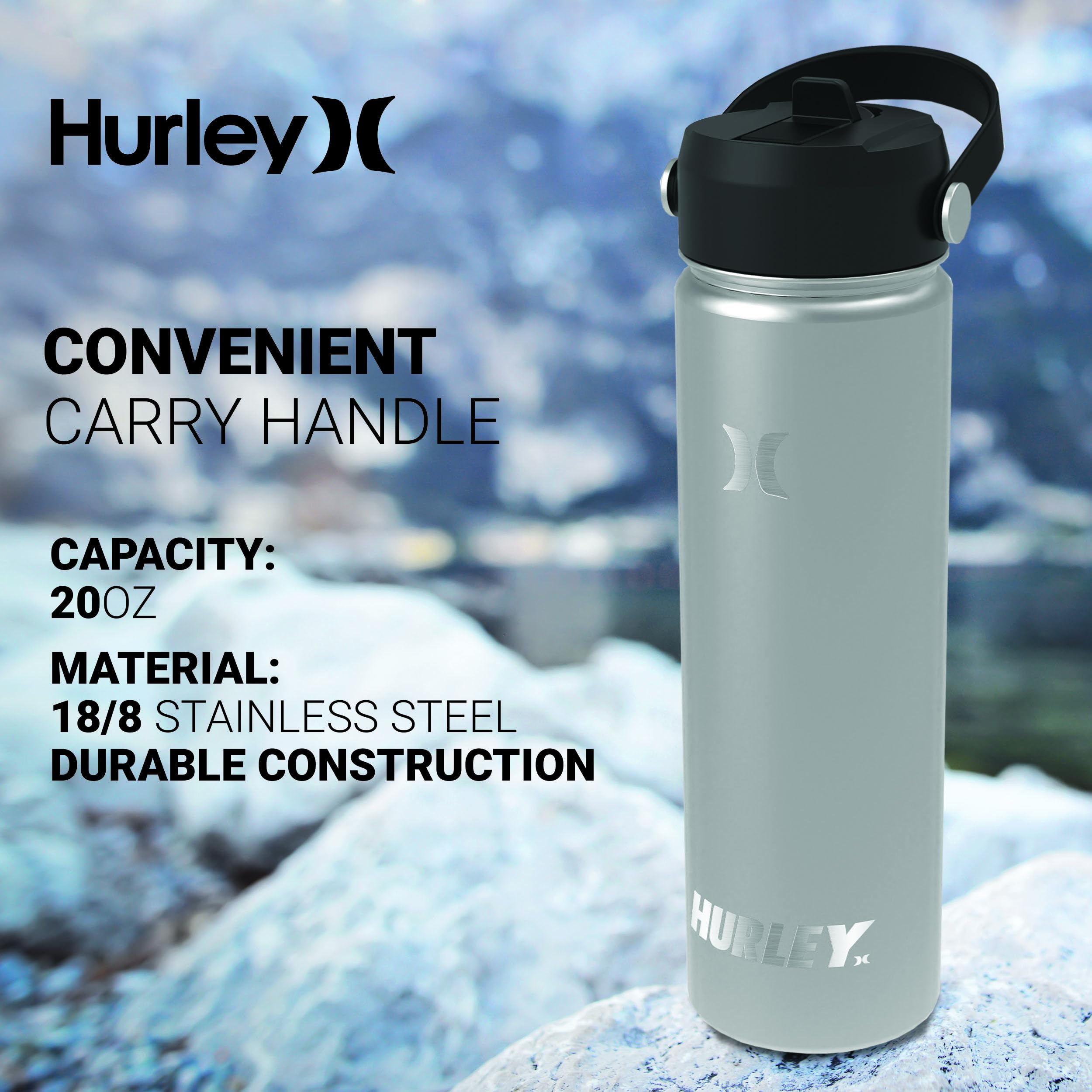 Hurley 20oz Stainless Steel Insulated Water Bottle with Flip Straw Lid - Keeps Drinks Hot/Cold for 24 Hours - Perfect for Gym, Hiking, Travel & Outdoor Activities - BPA Free Silver Vacuum Flask