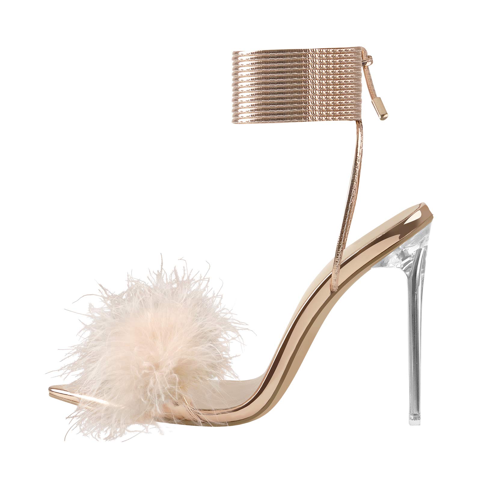 Richealnana Women's Fluffy Feather Pointed Toe Clear Heel Sandals - Elegant Party Shoes for Weddings, Prom & Evening Events