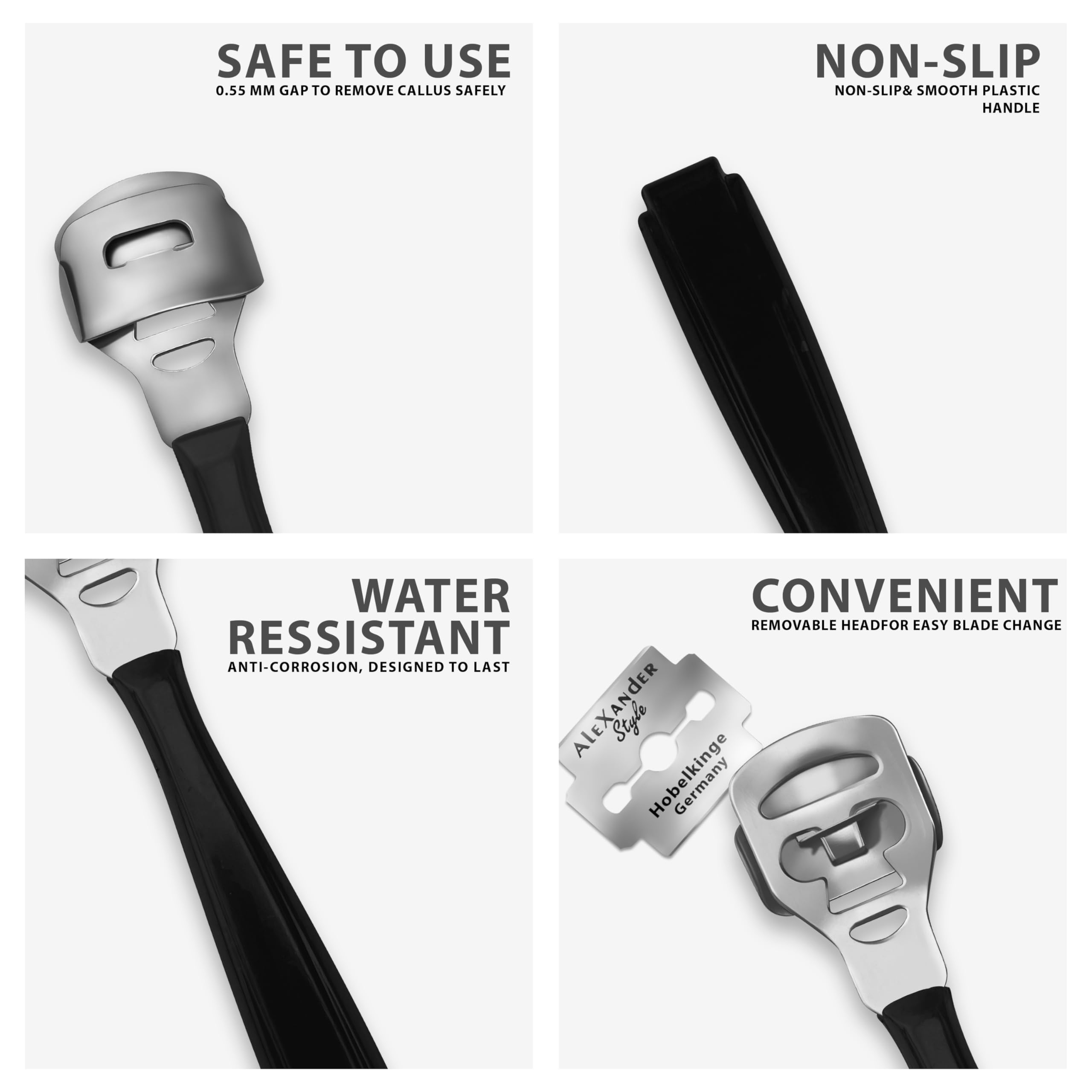 Precision Callus Shaver Razors with 10 Replaceable Blades - Ergonomic Foot File for Smooth Heels & Dead Skin Removal - Perfect for Pedicures, Dry Feet Care & Home Spa Treatments (Black)