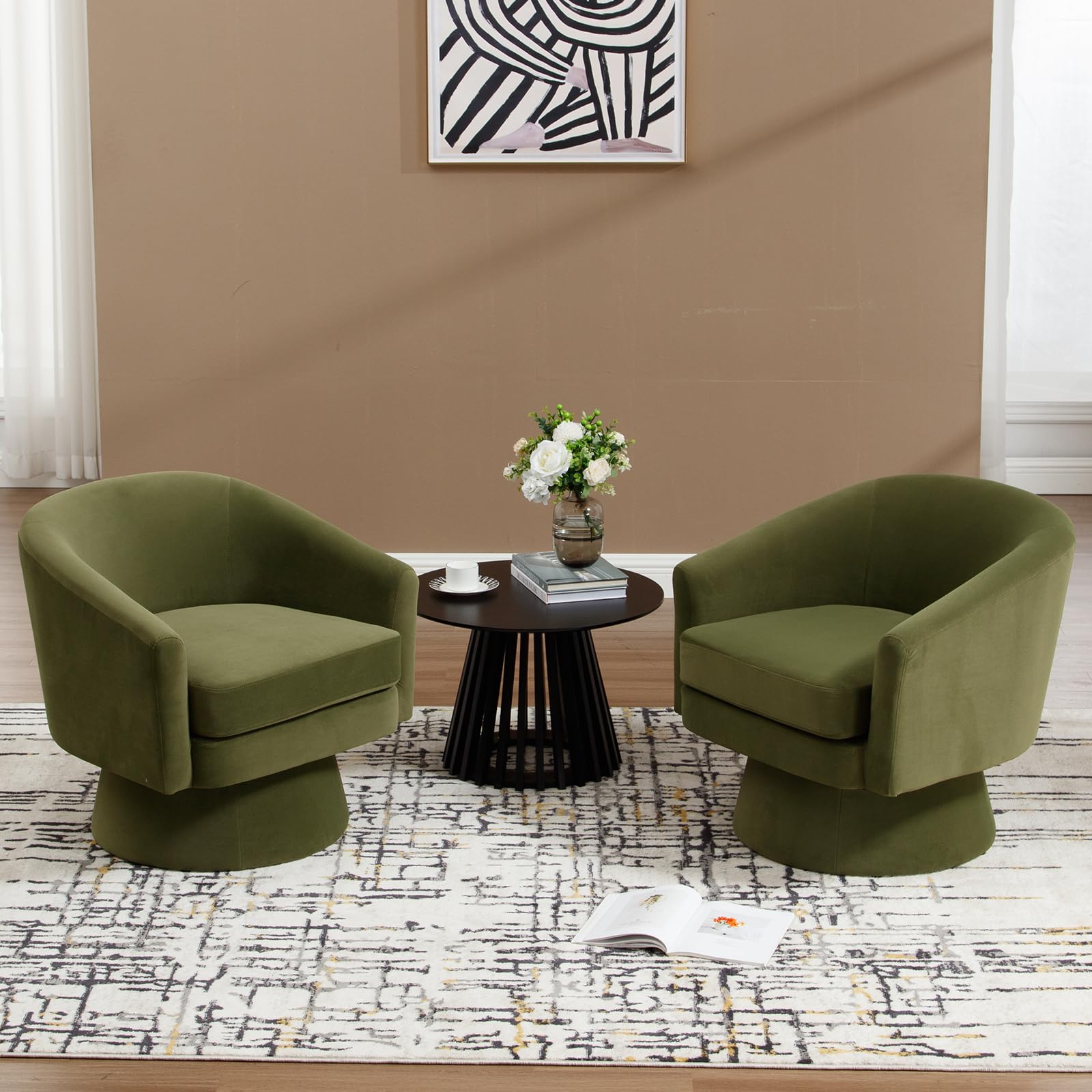 360 Swivel Barrel Accent Chairs Set of 2 - Modern Velvet Upholstered Lounge Chairs for Living Room, Bedroom & Reception - Small Round Armchair with 360° Rotation - Green Home Decor Accent Seating (Perfect for Small Spaces, Reading Nooks & Conversation Areas)