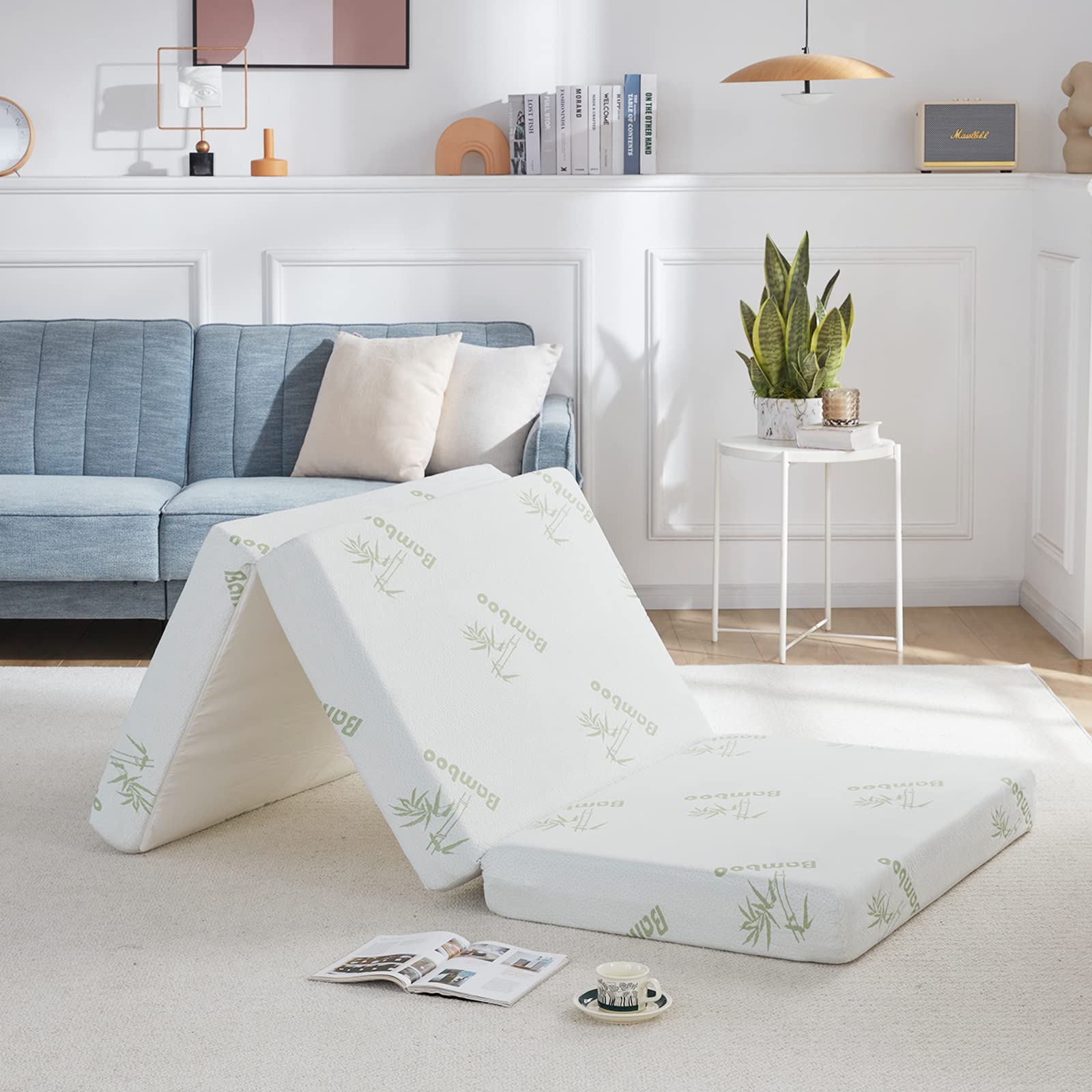 SINWEEK 4 Inch Memory Foam Folding Mattress - CertiPUR-US Certified, Portable Floor Mattress with Bamboo Cover & Waterproof Lining - Foldable Guest Bed & Mattress Topper with Storage Bag - Perfect for Camping, Travel, Guest Room & Small Space Living