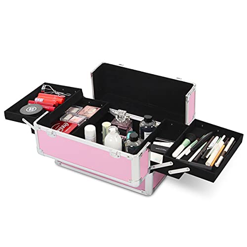 4 in 1 Rolling Portable Makeup Storage Box - Large Cosmetic Organizer Train Case with Wheels for Women & Girls | Travel, Salon, Home & Professional Makeup Artist Use