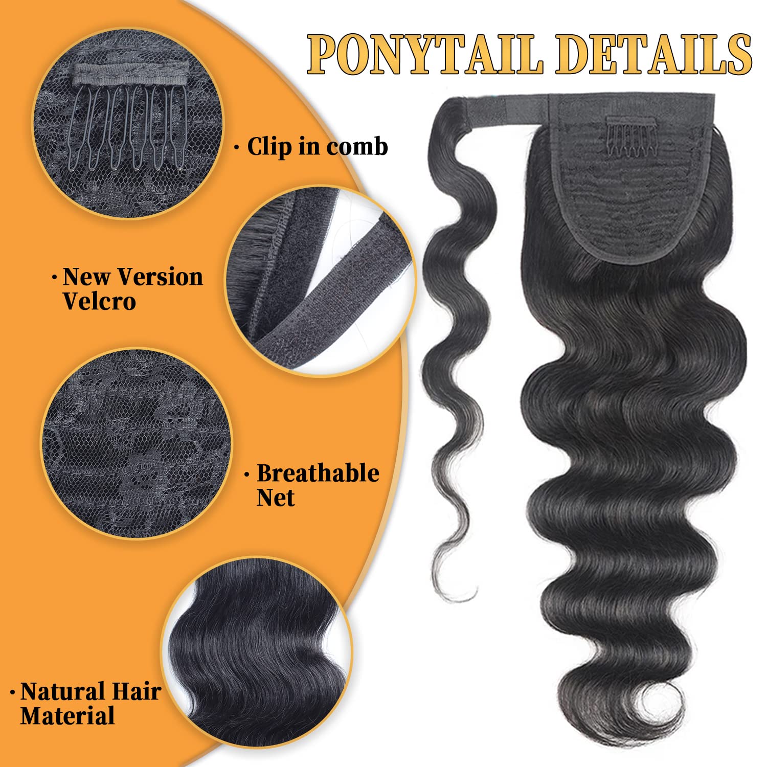 100% Remy Human Hair Ponytail Extensions - Brazilian Virgin Body Wave Magic Tie Ponytail 20 Inch for Black Women | Natural Color | Perfect for Parties, Weddings & Everyday Styling