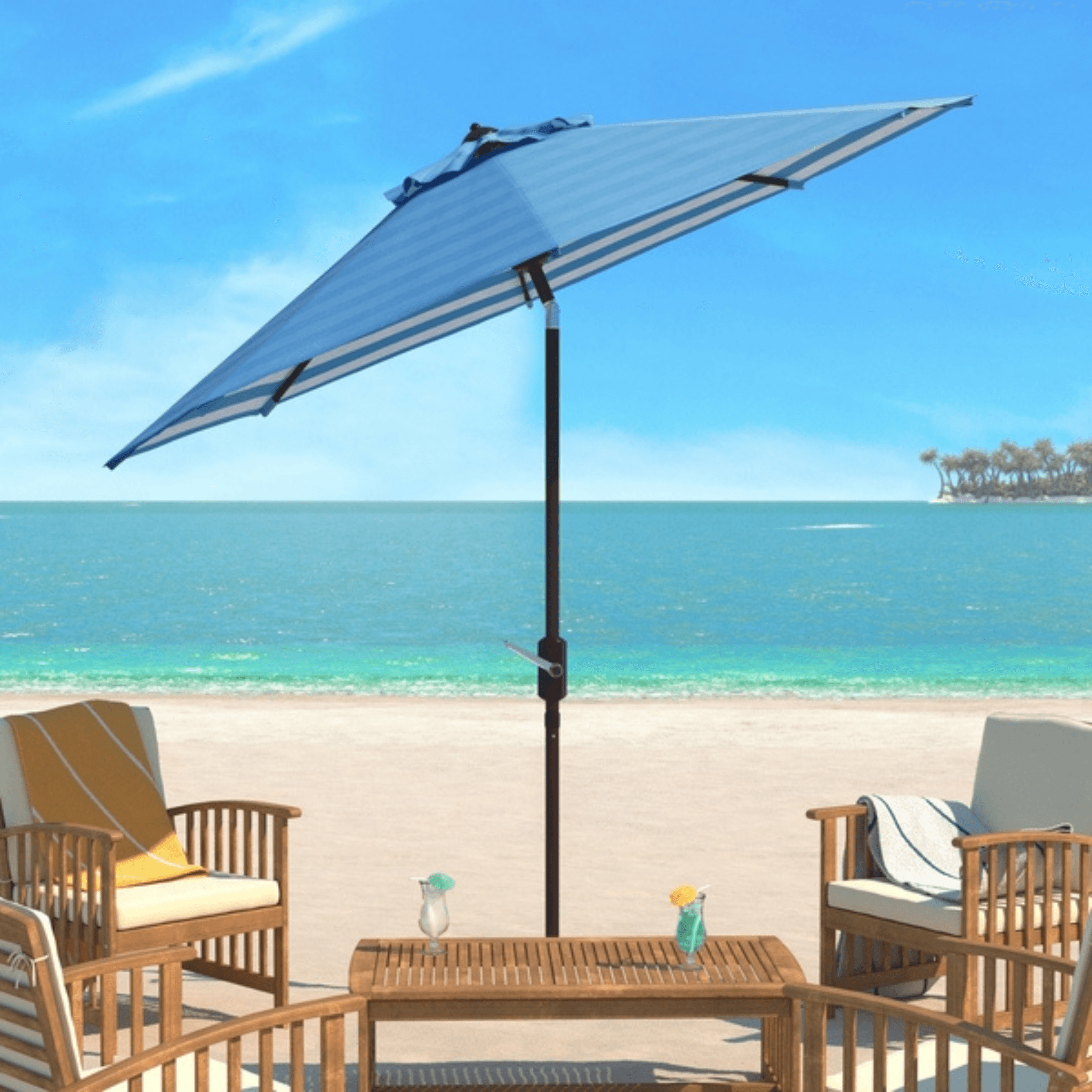 Blue and White Outdoor Crank Umbrella with Striped Interior - Patio, Garden, Poolside Sun Shade for Relaxing Outdoors
