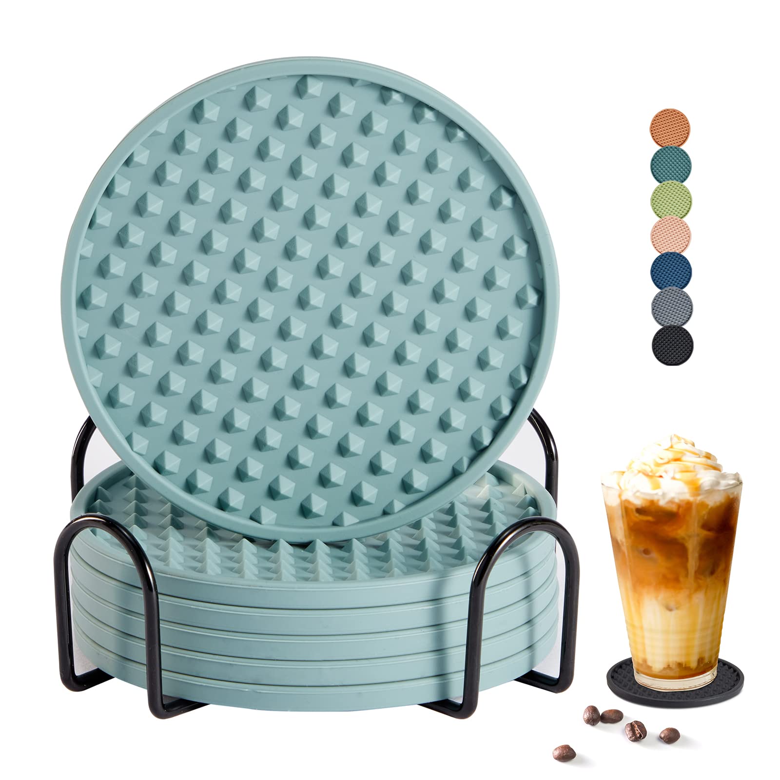 Premium Silicone Drink Coasters Set of 6 with Holder - Non-Slip Table Protectors for Wood, Stone & Glass Tables - Dishwasher Safe & Fits All Glass Sizes (Blue) - Perfect for Home Bars, Coffee Tables & Outdoor Dining
