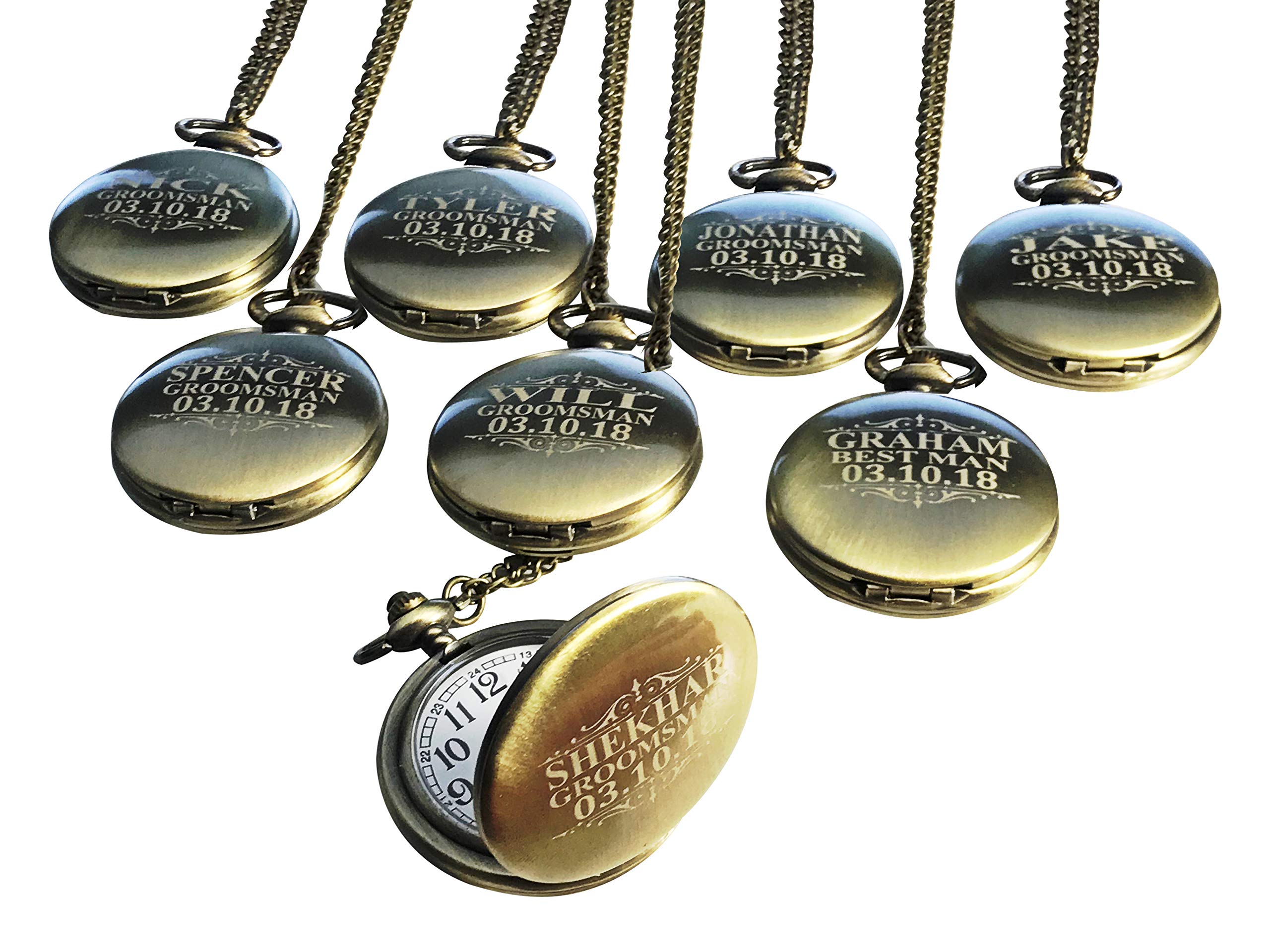 7 Engraved Pocket Watches for Groomsmen - Premium Wedding Gift Set with Chain, Box & Custom Engraving - 5 Color Options - His & Her Couples Gift - Perfect for Anniversaries, Engagements & Special Occasions