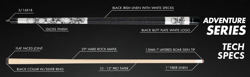 Action Skulls Adventure Pool Cue - 18 oz Weight - Premium Billiards Stick for Professional & Recreational Players - Perfect for Bars, Game Rooms & Pool Halls