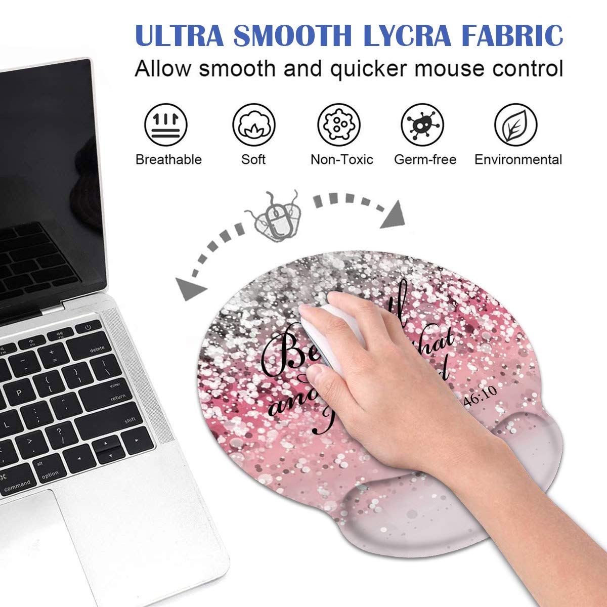 Ergonomic Mouse Pad with Wrist Support & Coasters Set - Non-Slip PU Base Gaming Mouse Mat with Lycra Cloth for Computer, Laptop, Home & Office - Pink Glitter Design with Bible Verse Psalm 46:10 - Perfect for Work, Gaming & Daily Computer Use