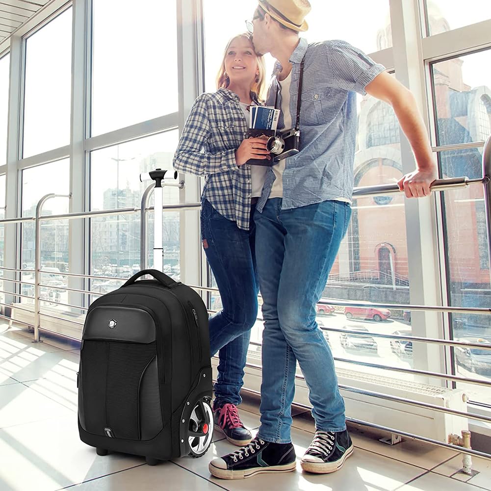 22 Inch Rolling Backpack - Waterproof Wheeled Laptop Backpack for Business Travel & Commuting | Carry-On Approved for Men & Women | Perfect for Airports, Office & College (Black)