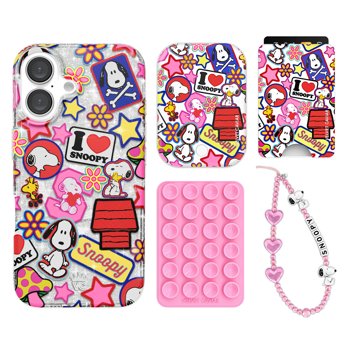 Snoopy Glitter iPhone Case with Wallet - Cute Cartoon Patchwork Design for iPhone 13/14/15 Pro Max - Perfect for School, Work & Travel Accessories