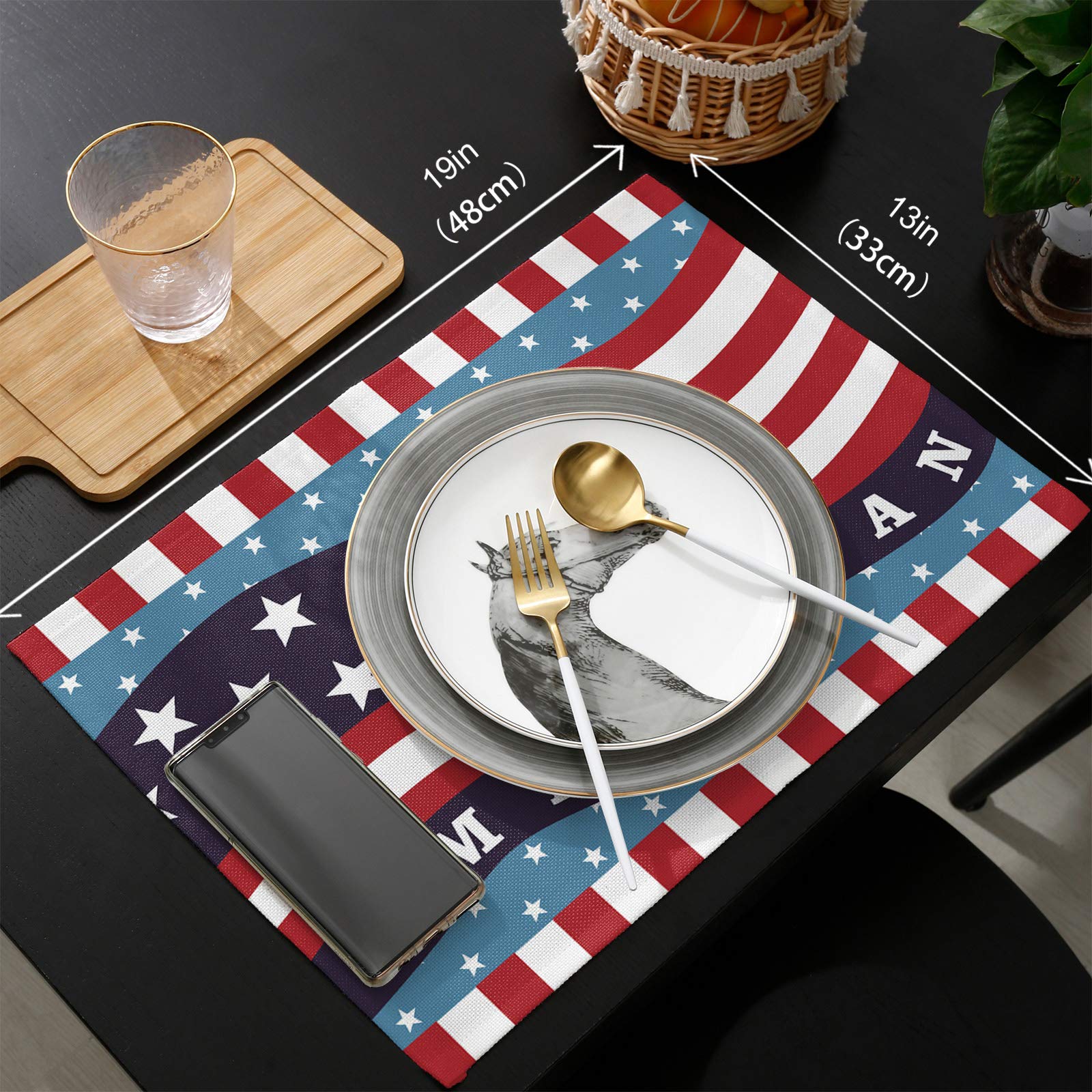 6-Pack American Flag Placemats - Heat-Resistant, Non-Slip & Washable Table Mats for Kitchen, Dining & Outdoor Use - Perfect for 4th of July, Patriotic Decor & Weddings