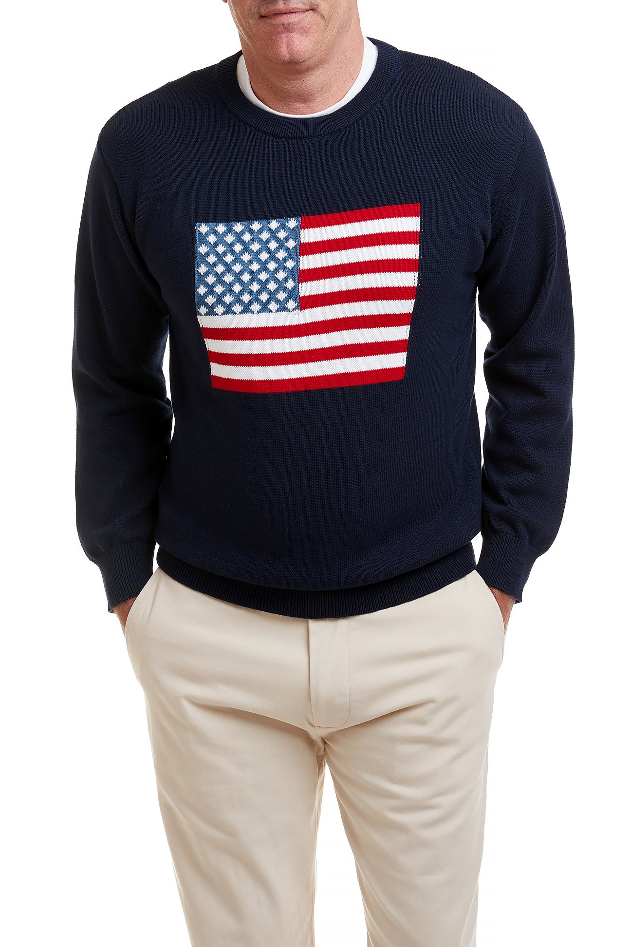Men's Navy Blue Crew Neck Sweater with American Flag Design - Casual Wear, Patriotic Outfit for Holidays & Everyday Comfort